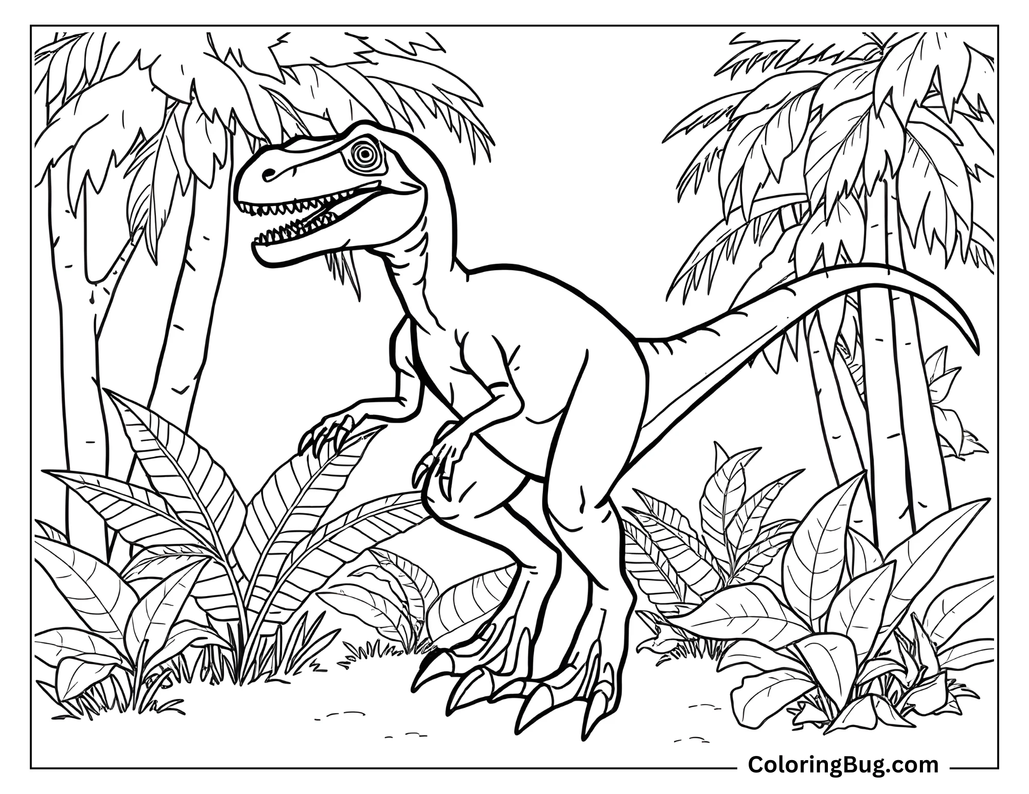 Coloring page of a Velociraptor standing alert in a jungle setting. The Velociraptor has an open mouth, showing sharp teeth, and its claws are visible. It is surrounded by large tropical plants and trees, creating a dense, leafy environment.