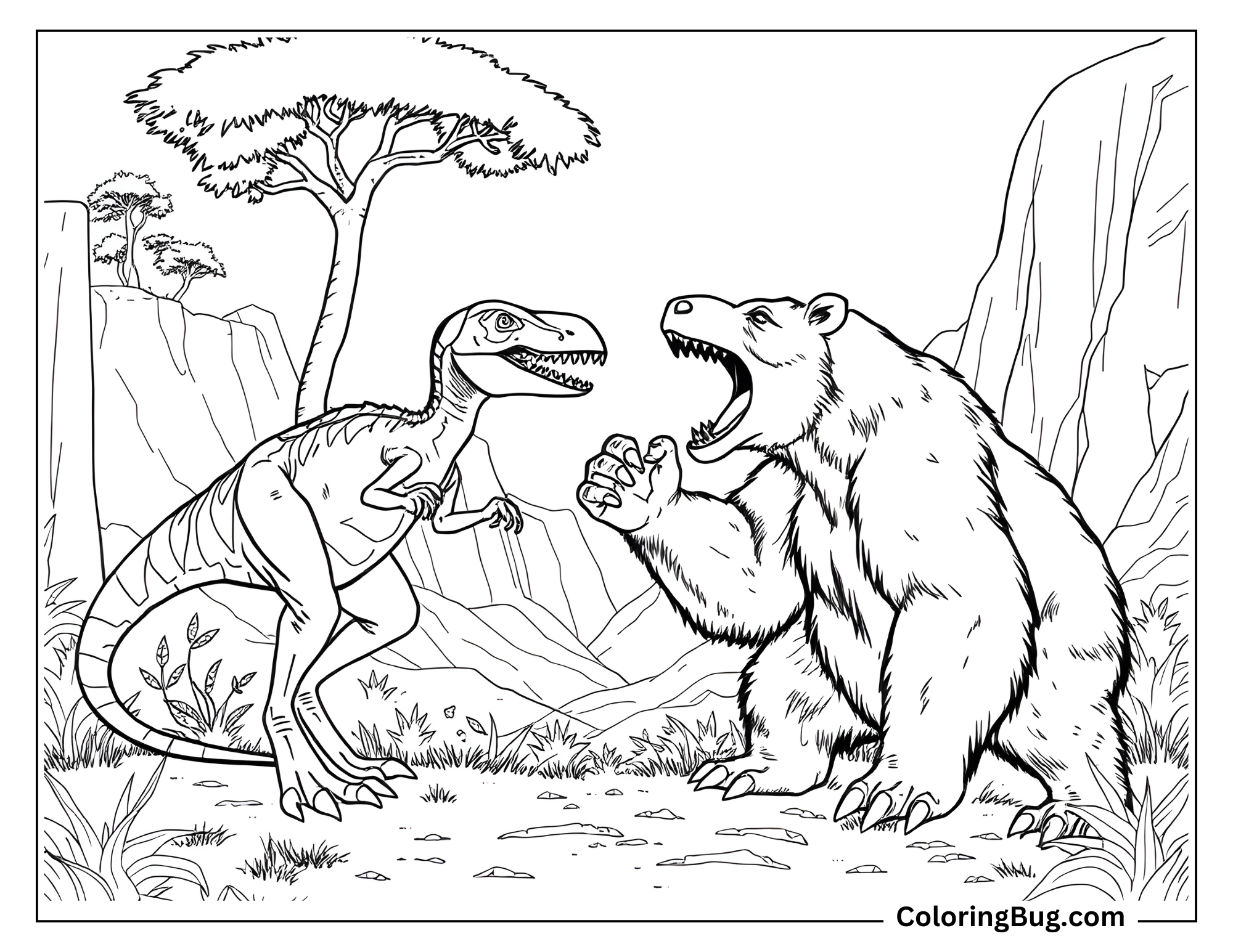 Coloring page showing a Velociraptor confronting a roaring bear in a rugged, mountainous landscape with sparse vegetation and trees.