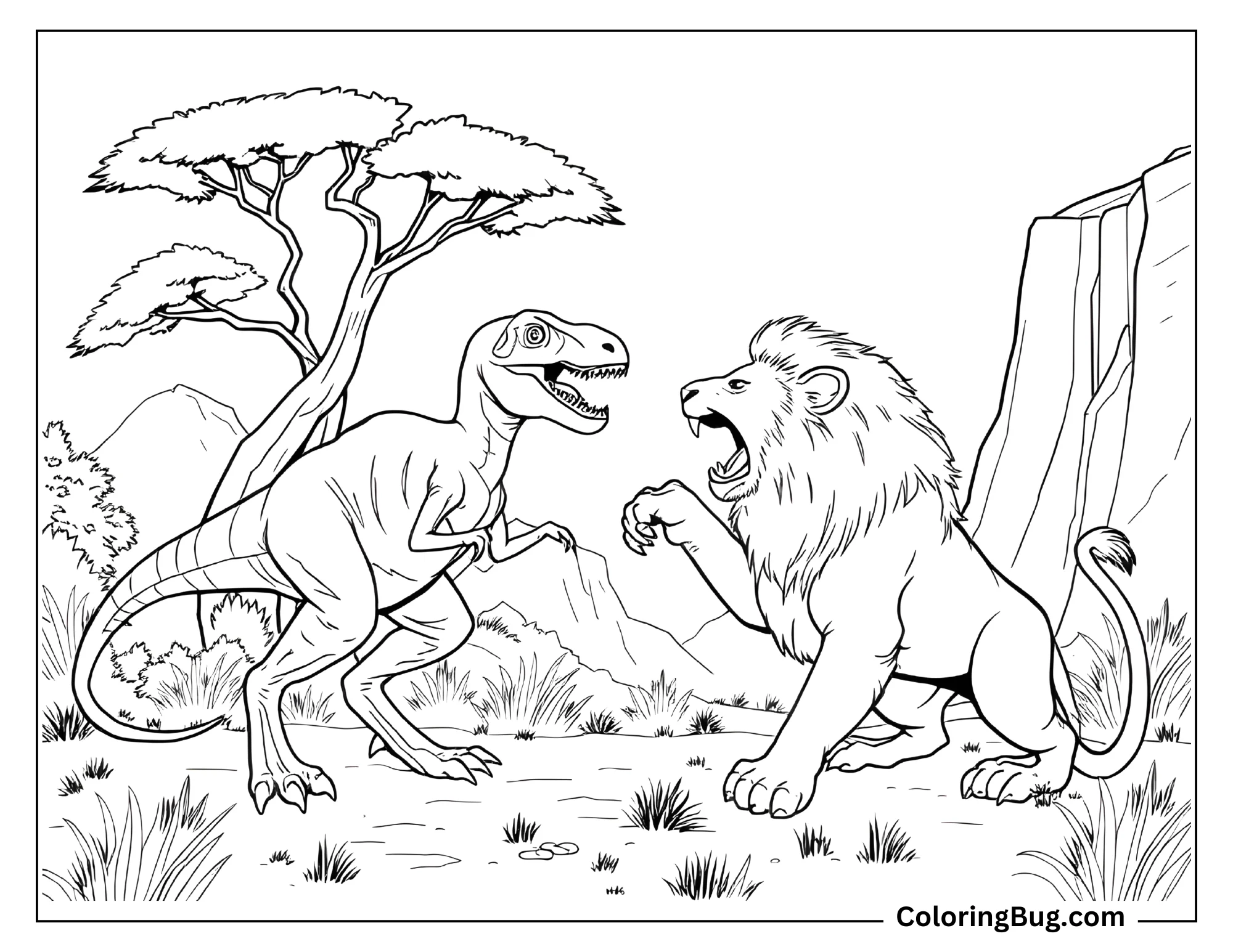 Coloring page featuring a standoff between a roaring lion and a Velociraptor, set in a natural landscape with trees, rocks, and bushes in the background.