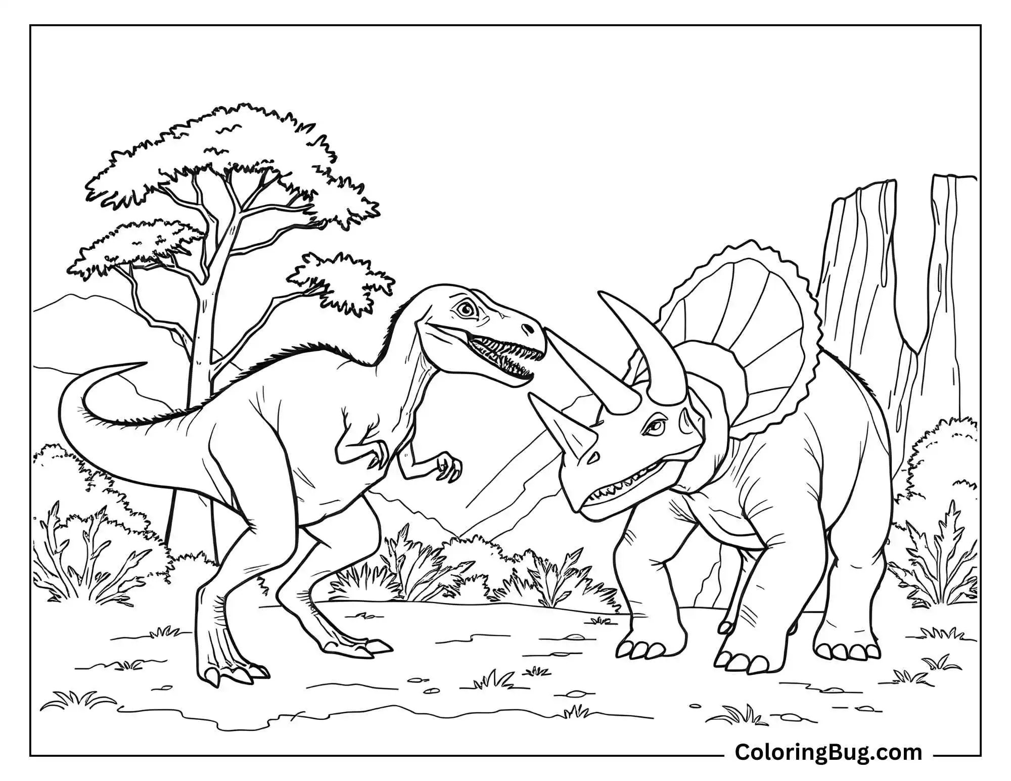 Coloring page featuring a Velociraptor facing off against a Triceratops in a prehistoric landscape with trees, rocks, and bushes in the background.