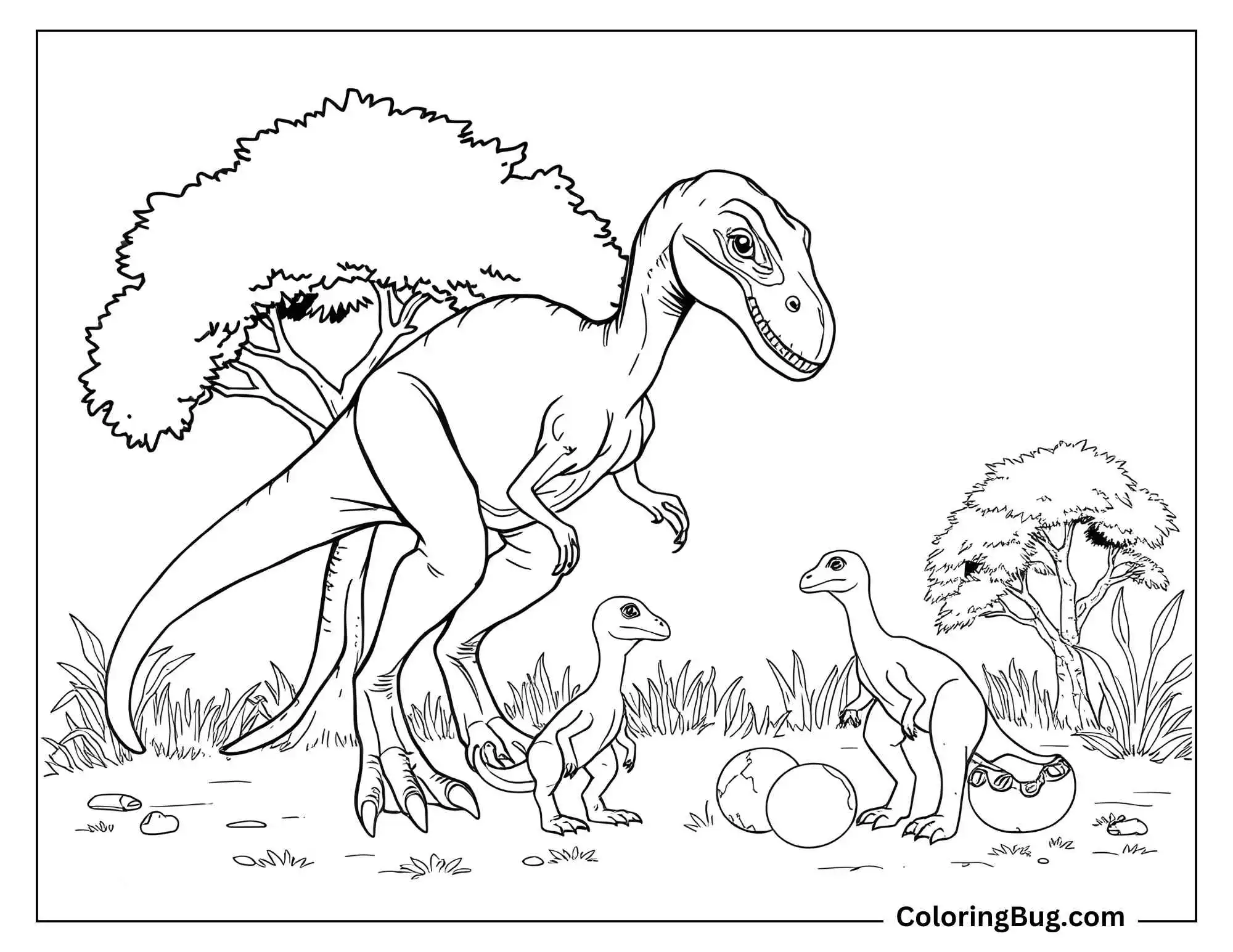 Coloring page of a Velociraptor with two baby dinosaurs, surrounded by trees and eggshells on the ground, creating a nurturing scene.
