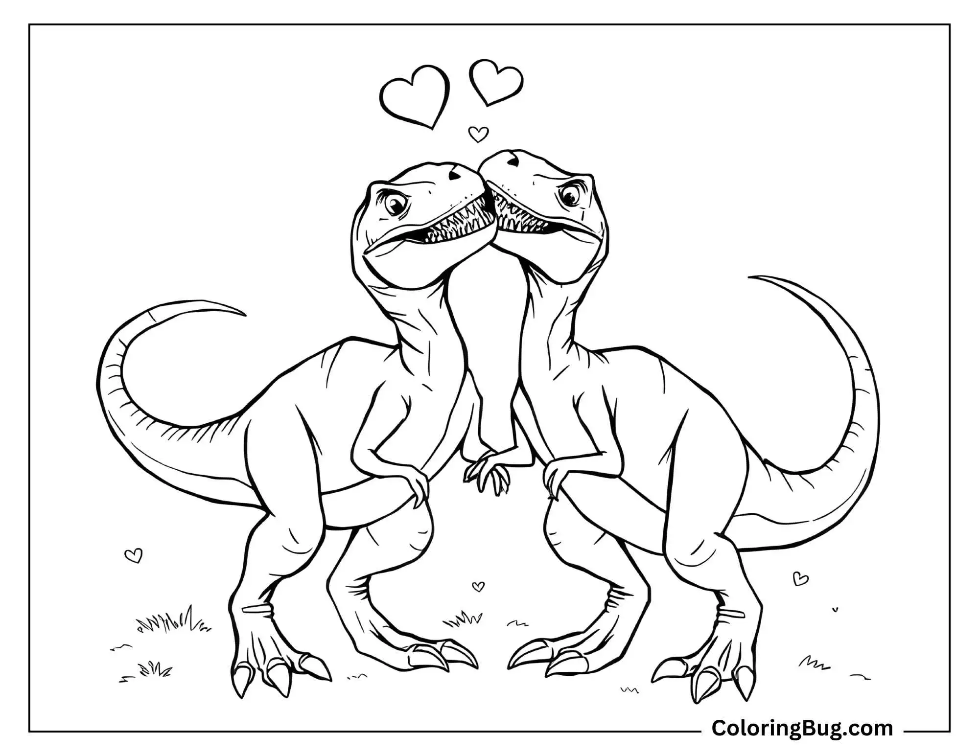 Coloring page featuring two Velociraptors standing close together with their heads gently touching, surrounded by small hearts above them. The raptors appear affectionate, each with a soft expression, as they share a moment of connection.
