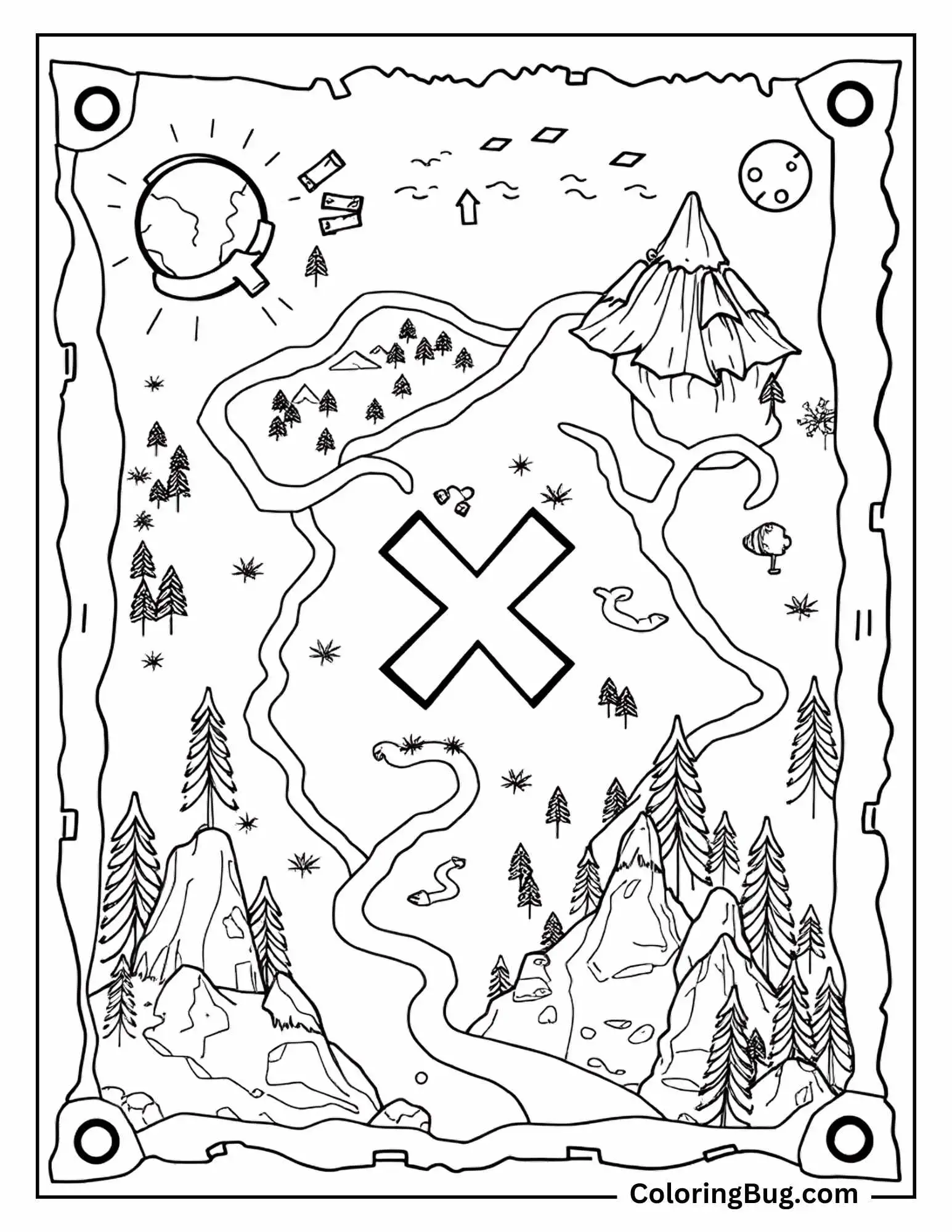 X Marks The Spot Pirate Map Coloring Sheet