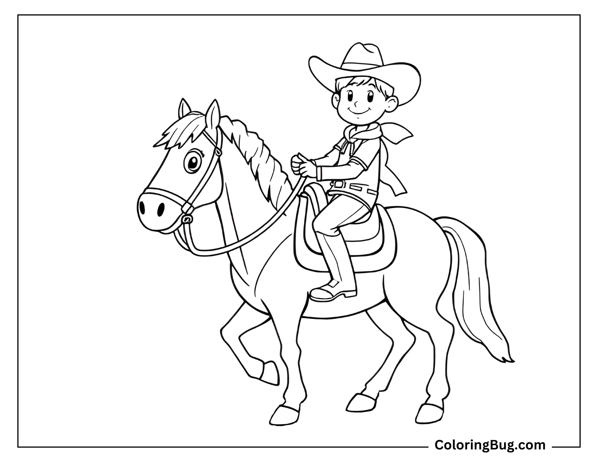 This coloring page showcases a young cowboy confidently riding his horse. The boy is dressed in a classic cowboy outfit, complete with a hat, scarf, and boots, giving him an adventurous look. He holds the reins with a smile, while his friendly horse stands ready, appearing loyal and spirited.
