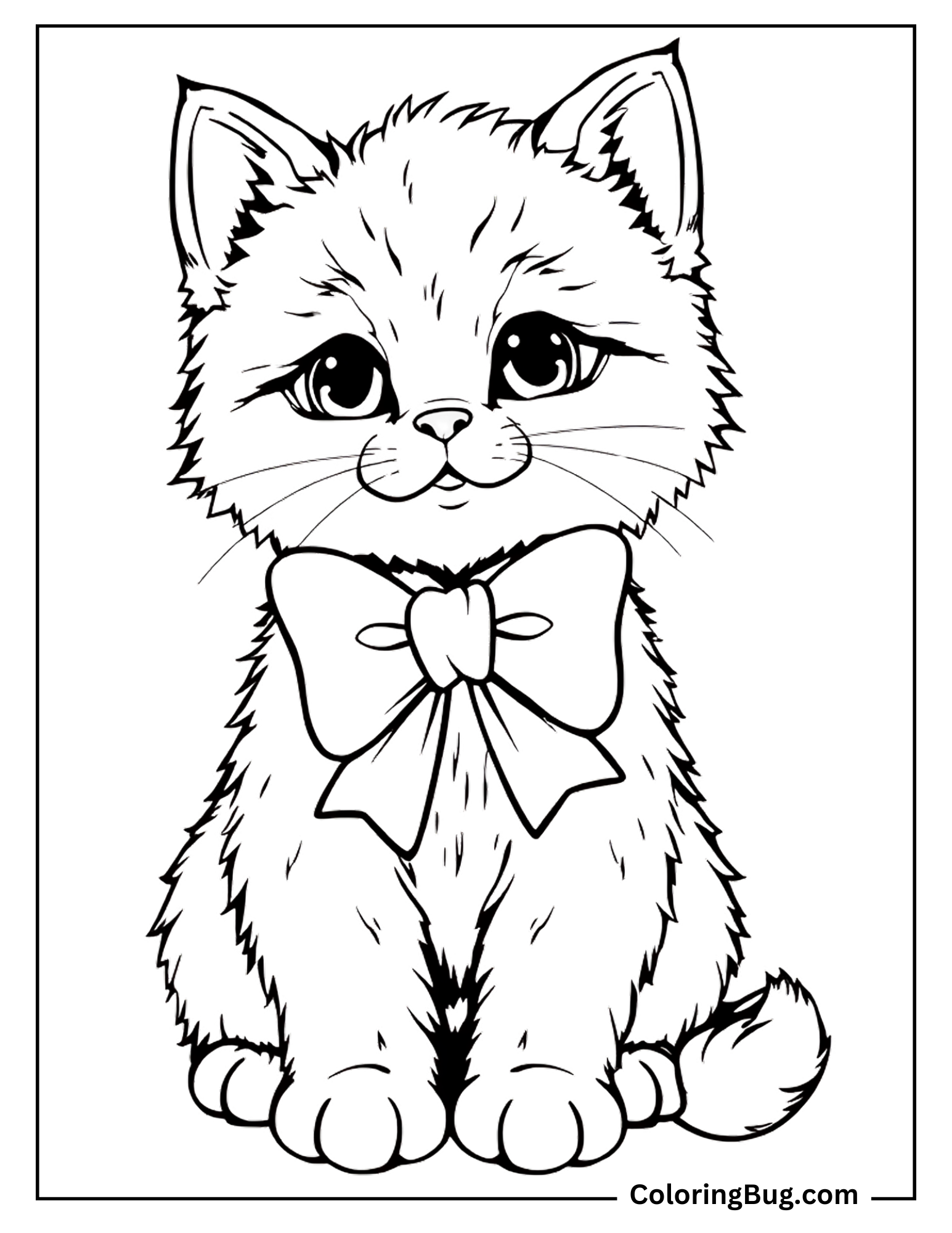 Furry kitten with bow coloring sheet