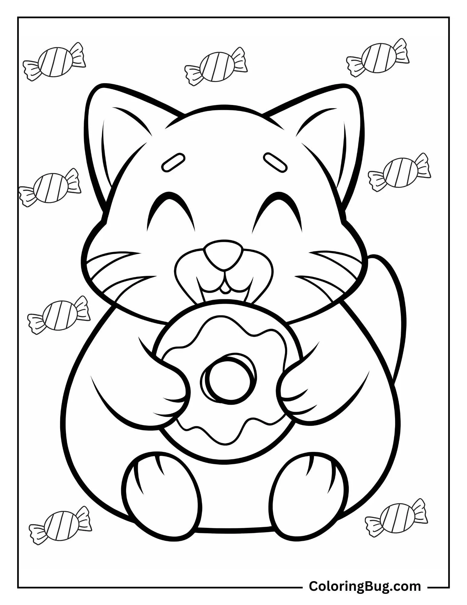 Adorable Cat Holding Donut coloring Sheet
