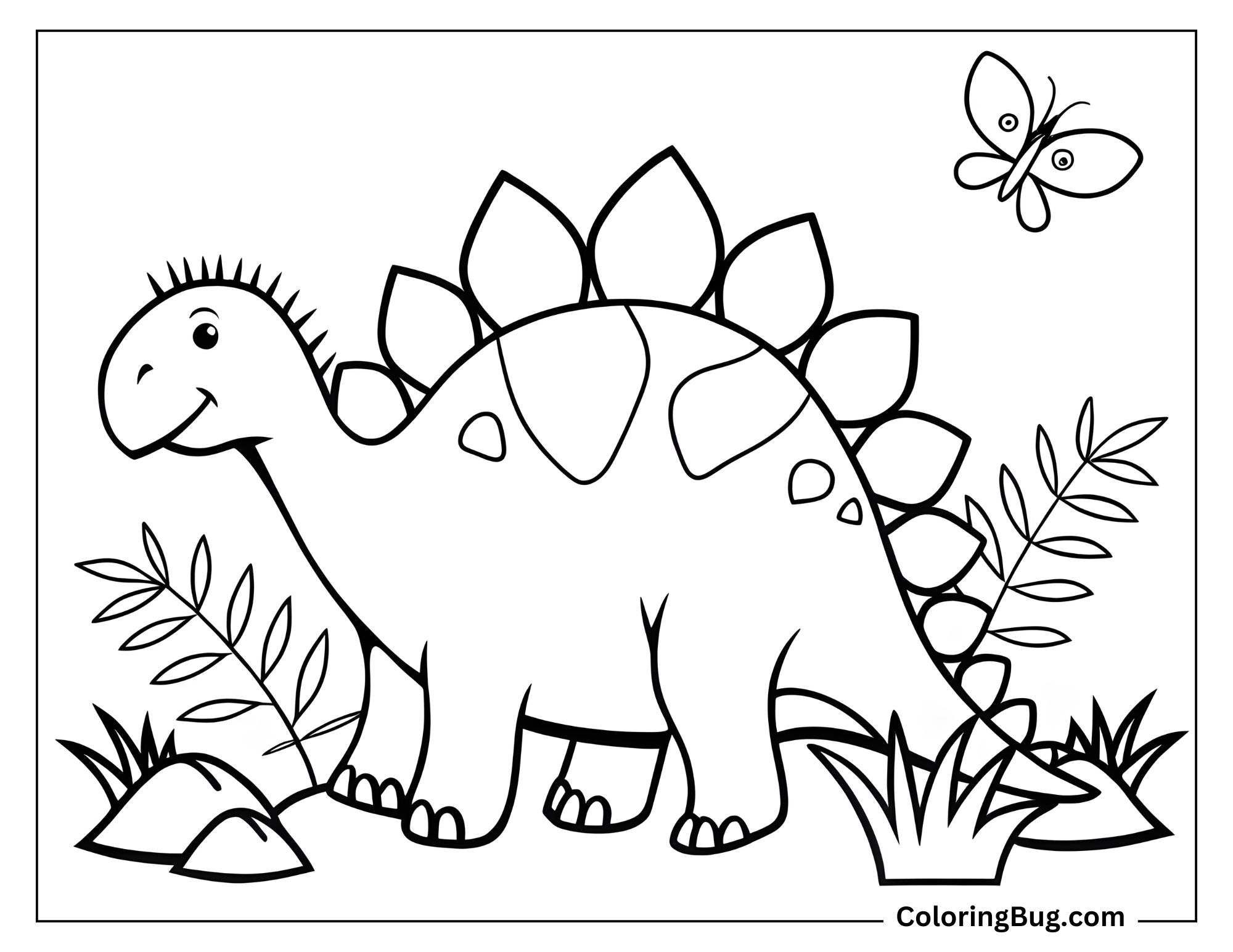 coloring page features an adorable Stegosaurus with a cheerful and friendly expression. Its iconic plates along its back are beautifully illustrated, and it has small, rounded details like spikes on its tail and a gentle smile. The background includes a playful butterfly, some rocks, and lush plants, creating a vibrant prehistoric environment.