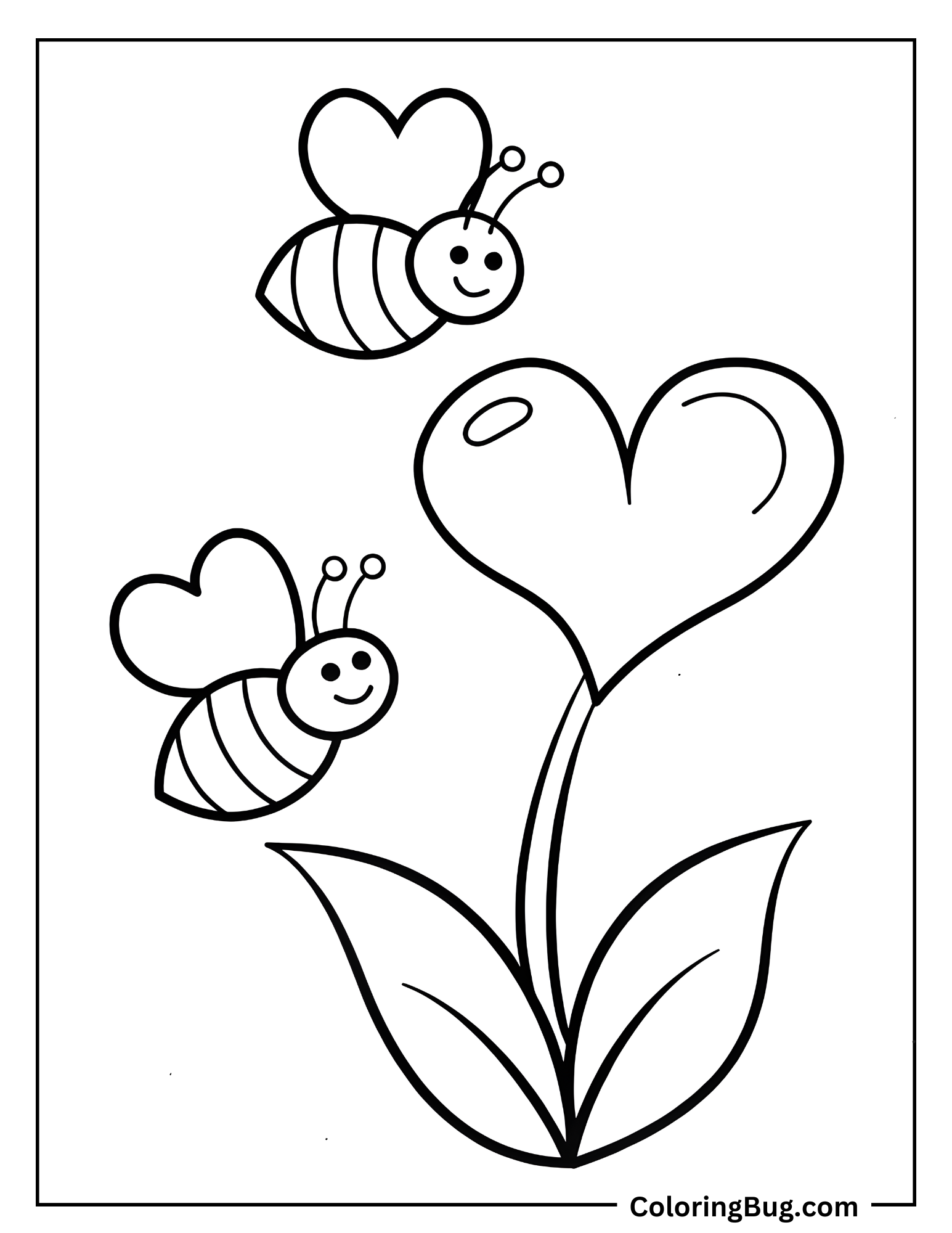 Bees Buzzing Around Heart Shaped Flower Coloring Sheet
