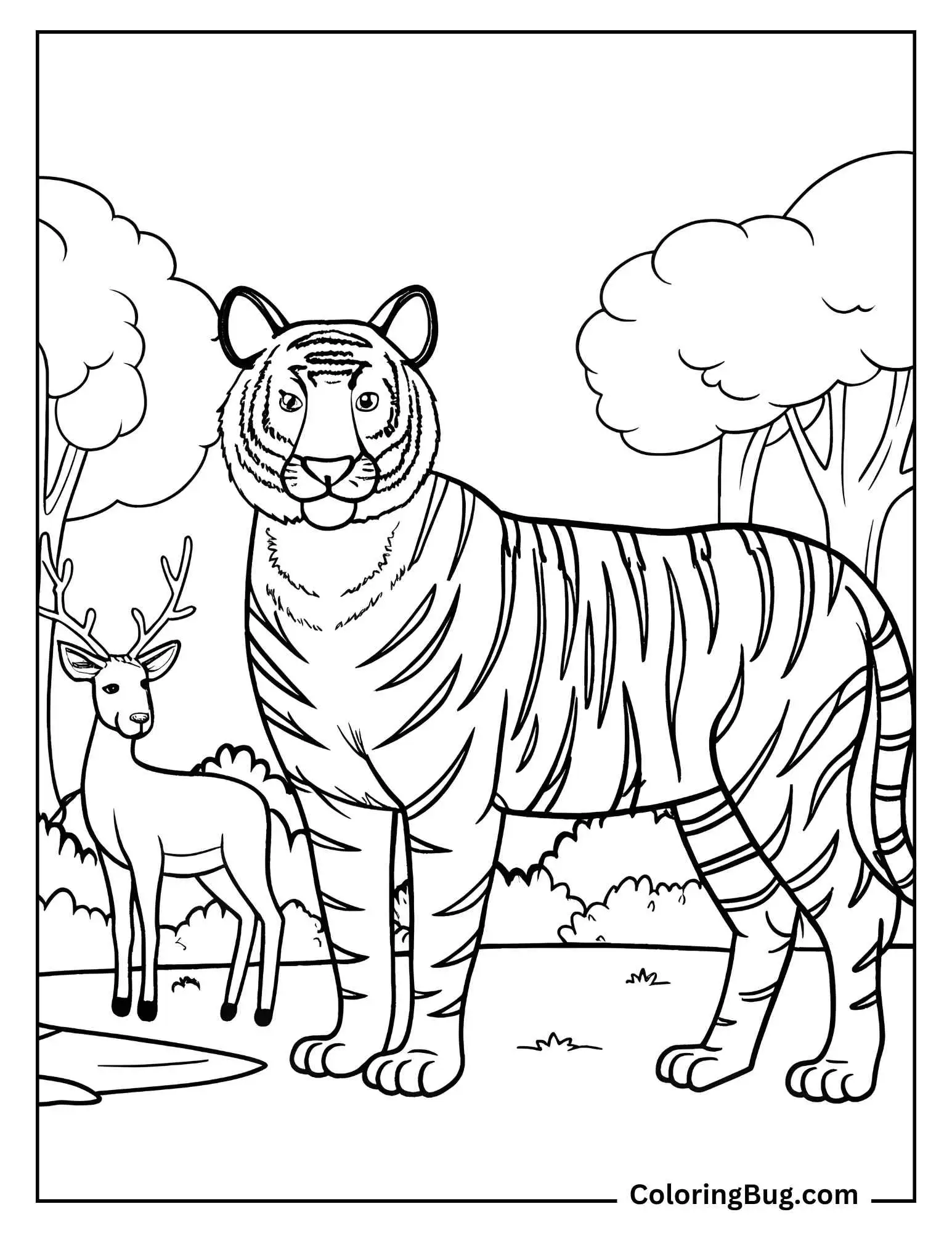 Big Tiger With Deer Coloring Sheet