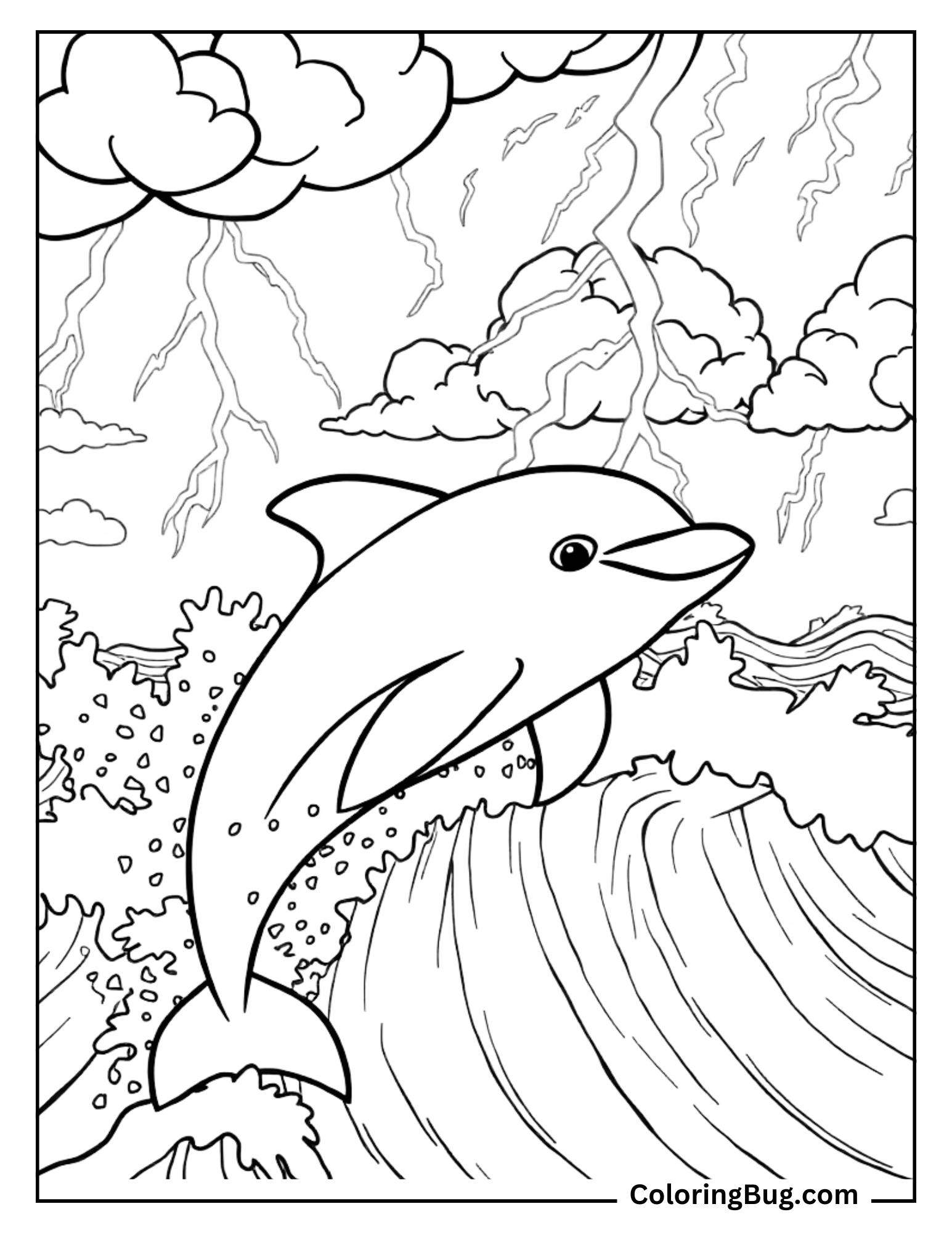 Brave Dolphin Swimming Through Strong Waves During Storm Coloring Sheet