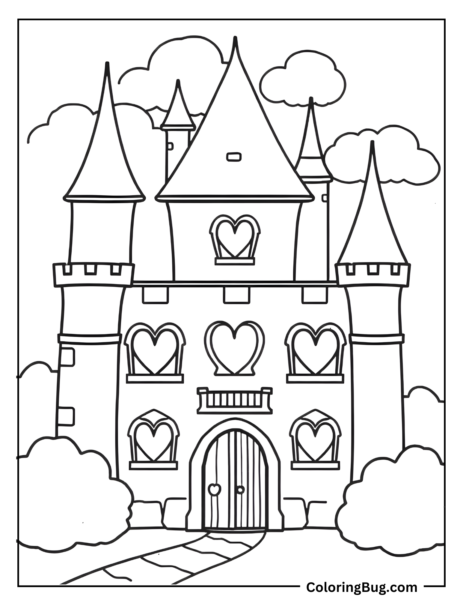 Castle With Heart Shaped Windows Coloring Sheet
