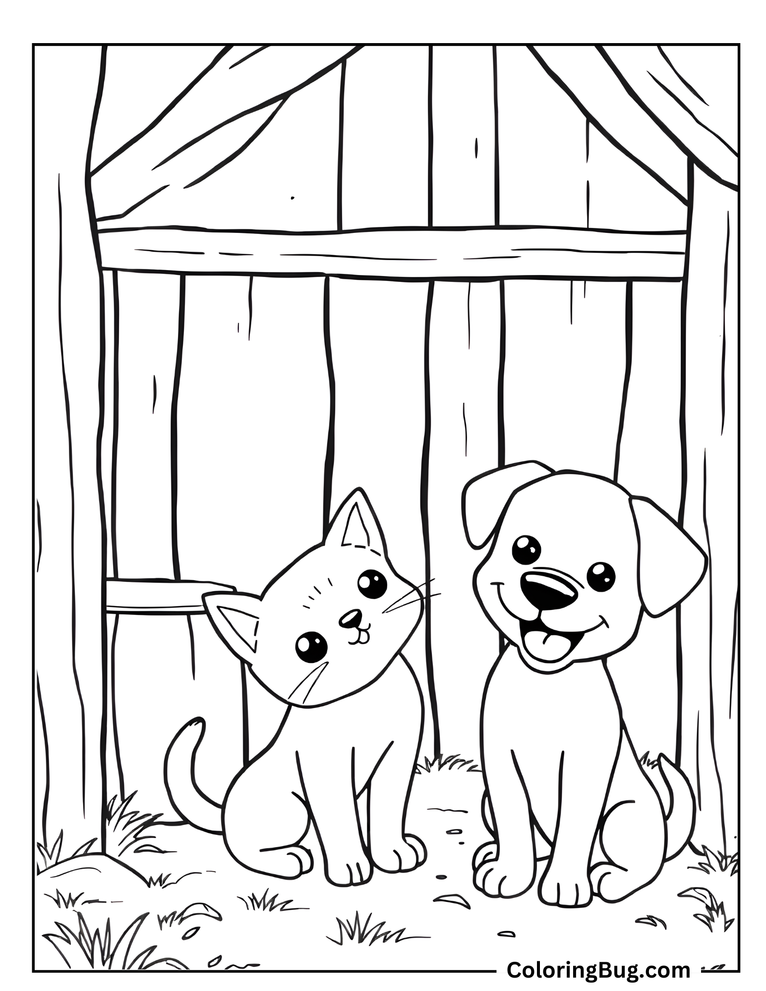 Cat And Dog Chasing Through The Barn Coloring Sheet