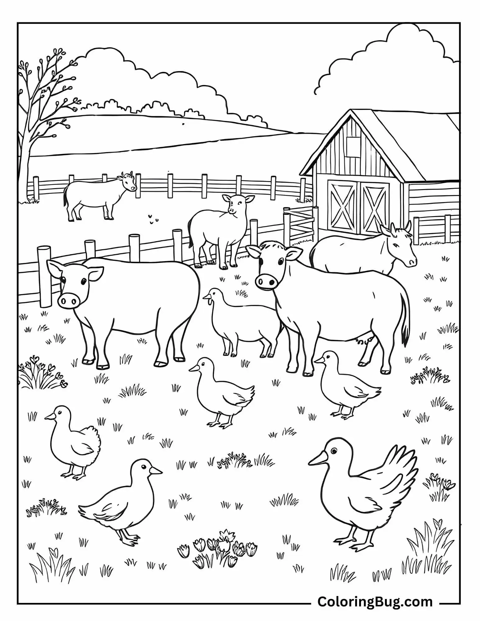 Chicken, Cows, and Sheeps In Farm House Coloring Sheet 