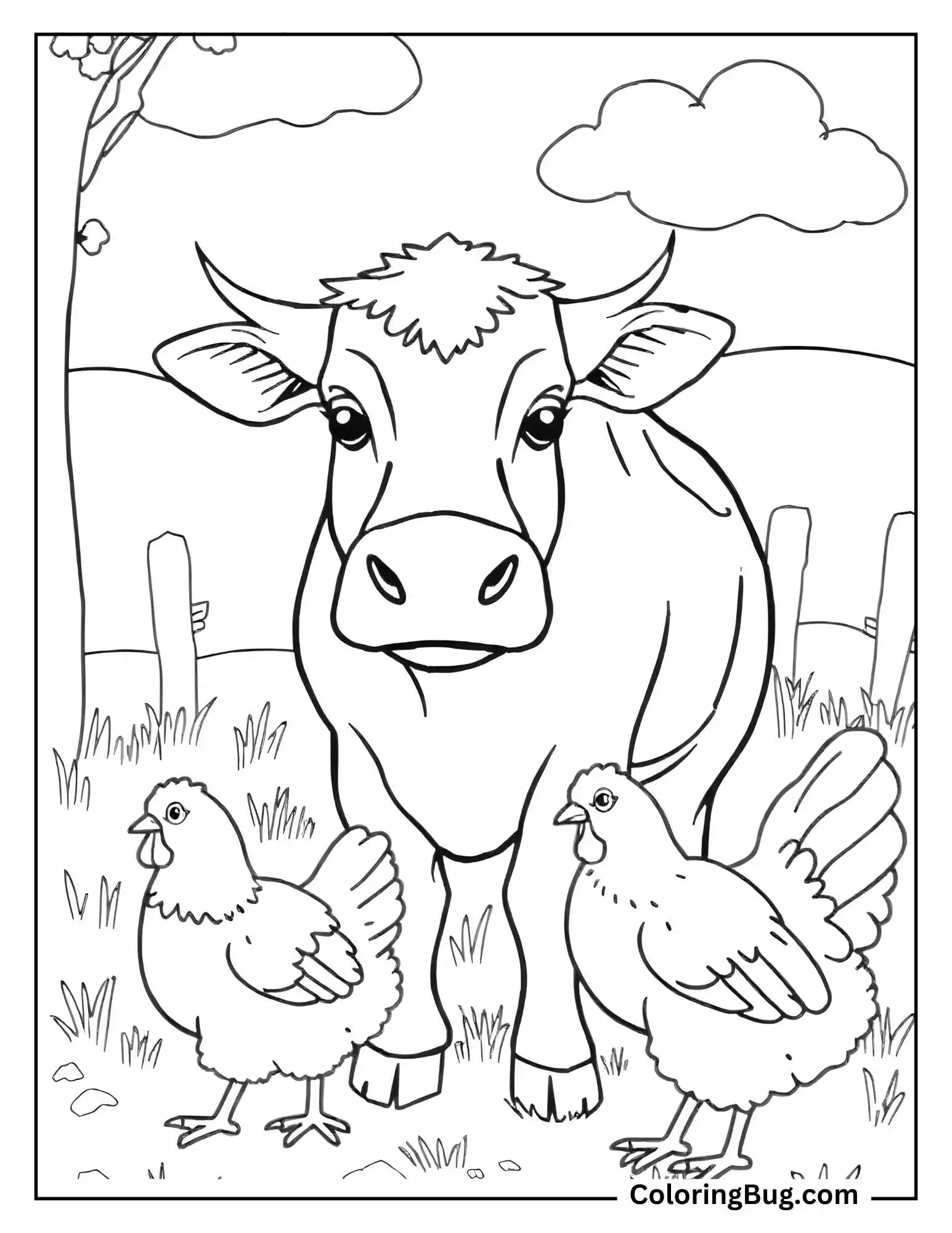 Cow With Chickens Coloring Sheet
