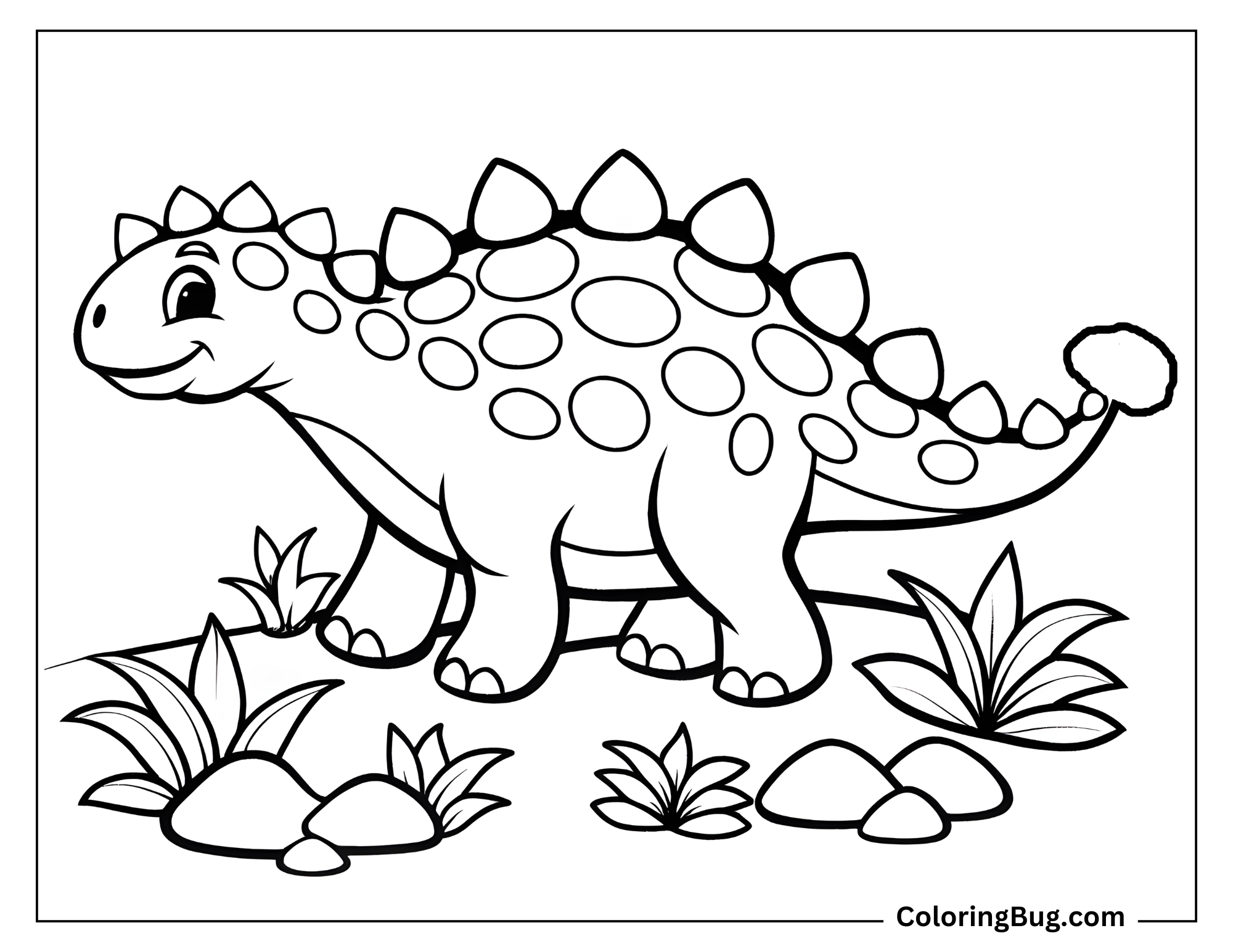 coloring page features an adorable Ankylosaurus with a playful and friendly expression. The Ankylosaurus is shown with its iconic armored body covered in rounded plates and its club tail prominently displayed. The scene is enhanced with simple prehistoric details like rocks and leafy plants, creating a lively yet uncluttered background.