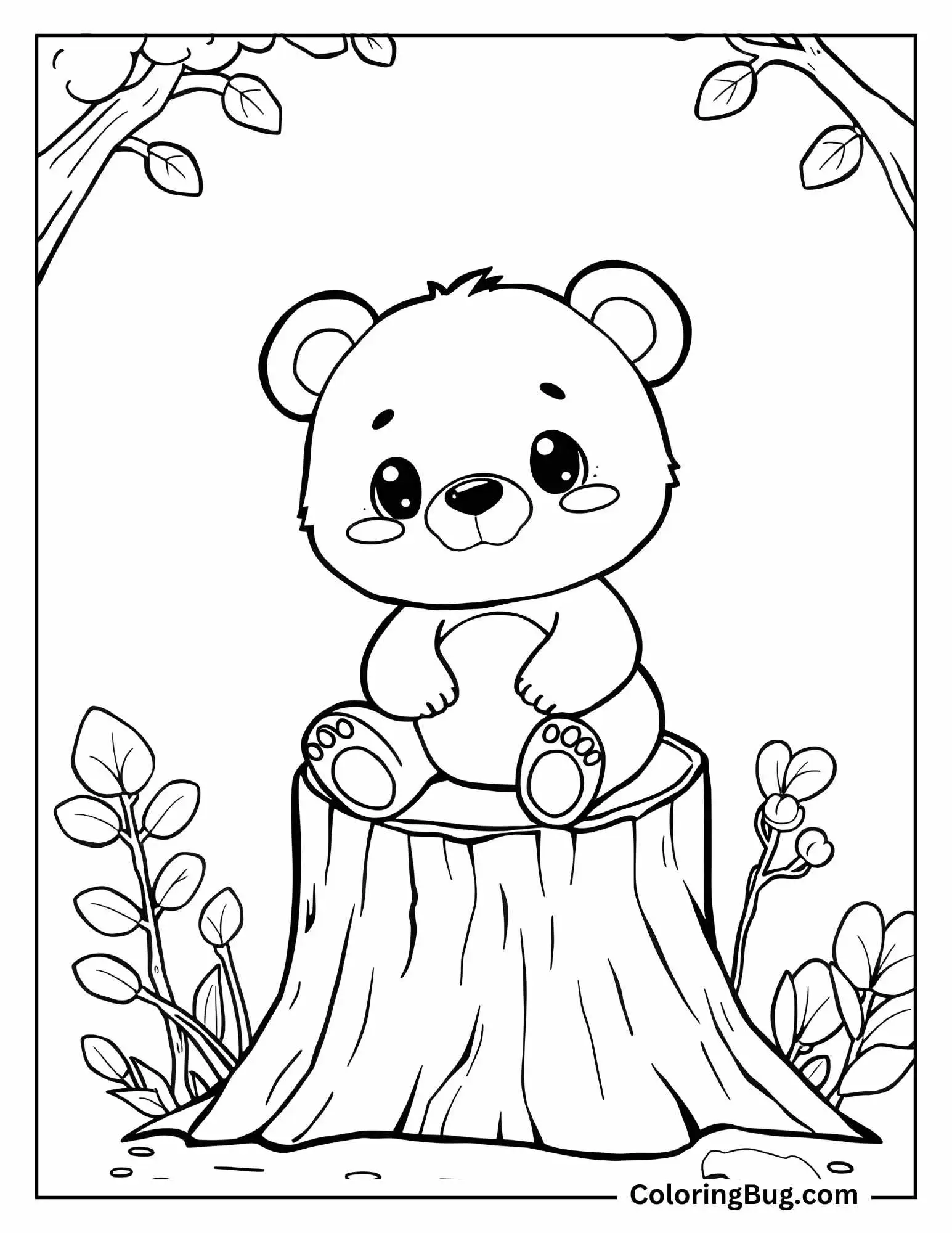 Cute Baby Bear Sitting On Tree Stump coloring Sheet