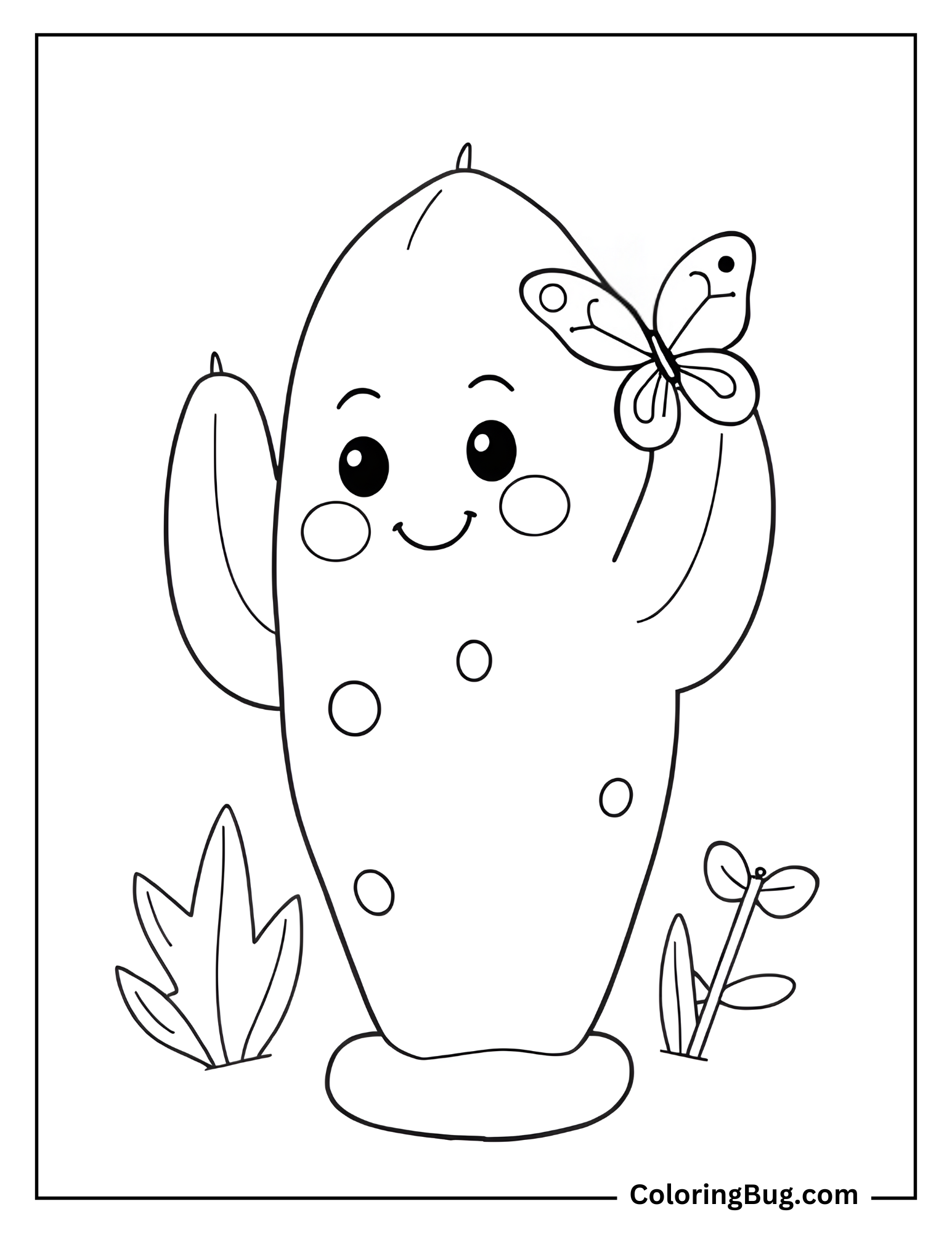 Cute Cactus With Butterfly Coloring Sheet
