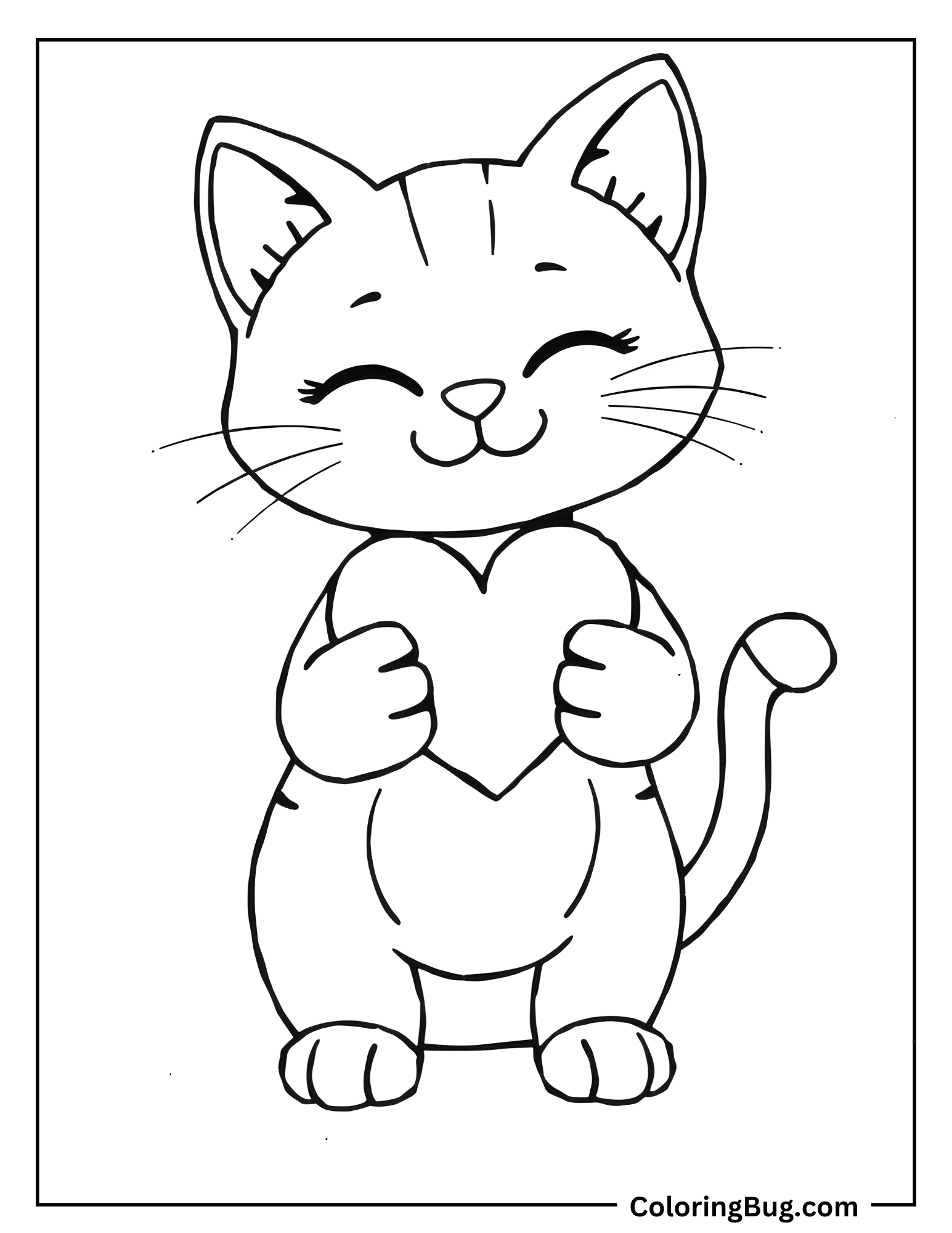 Cute Cat Holding Heart Coloring Sheet 