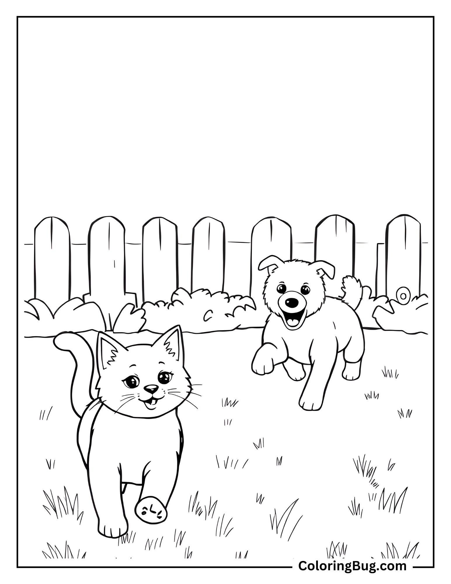 Cute Cat and Dog at Yard Coloring Sheet