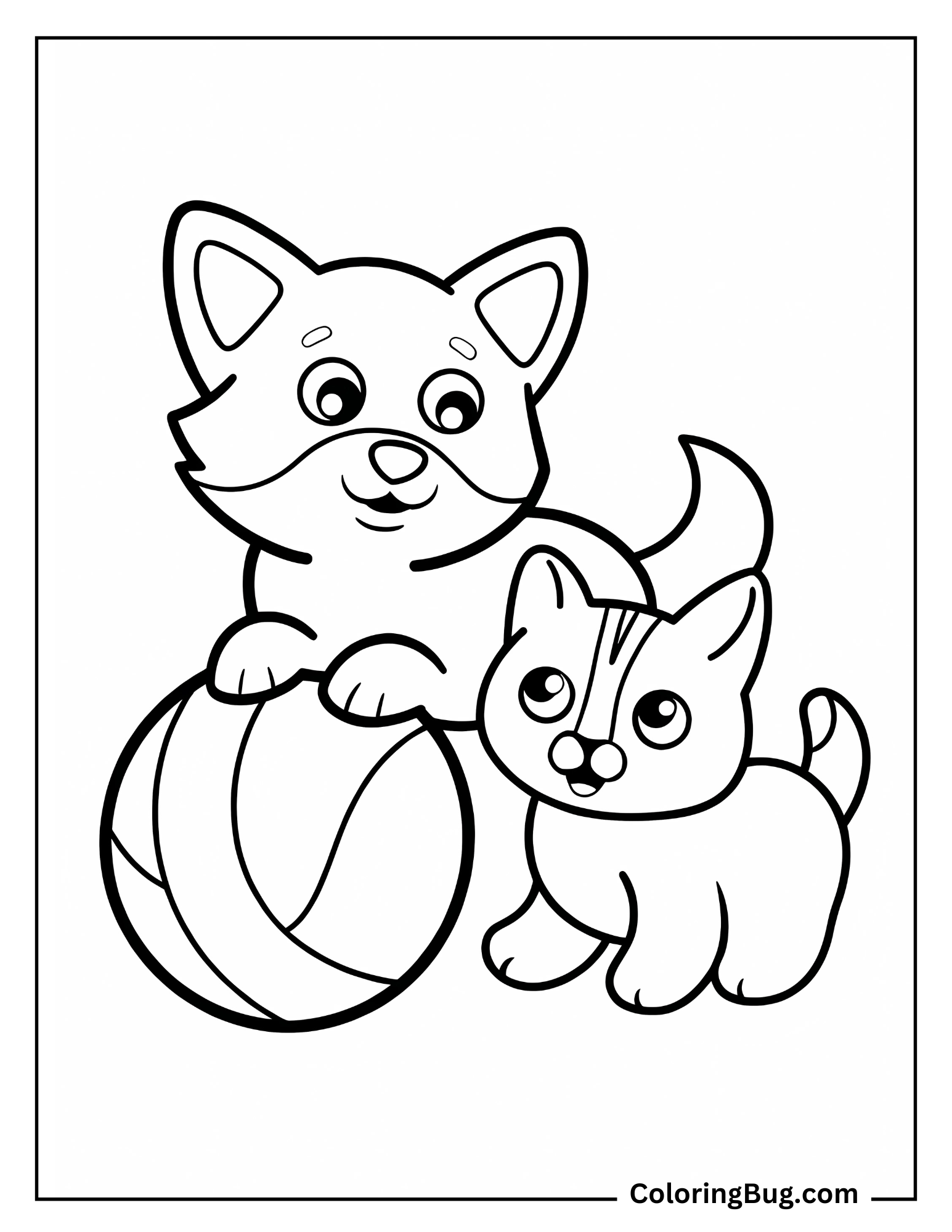 Cute Corgi Puppy and Kitten playing With Ball Coloring Sheet