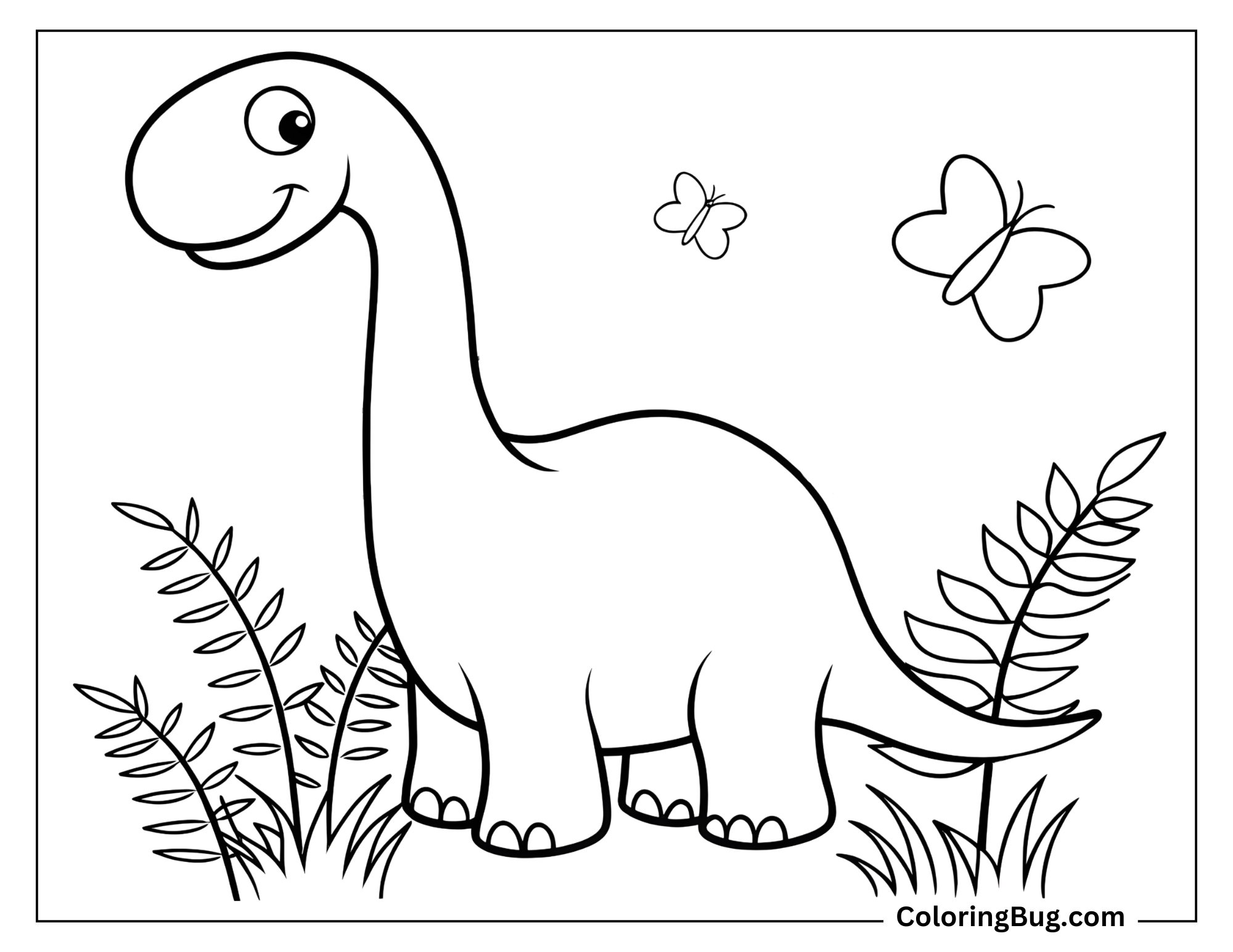 This coloring page features a cute Diplodocus with a cheerful and friendly expression. The long-necked dinosaur stands in a simple, leafy prehistoric setting, surrounded by ferns and fluttering butterflies, adding a whimsical touch. The Diplodocus is depicted with a smooth body and rounded features, making it perfect for young artists to color.
