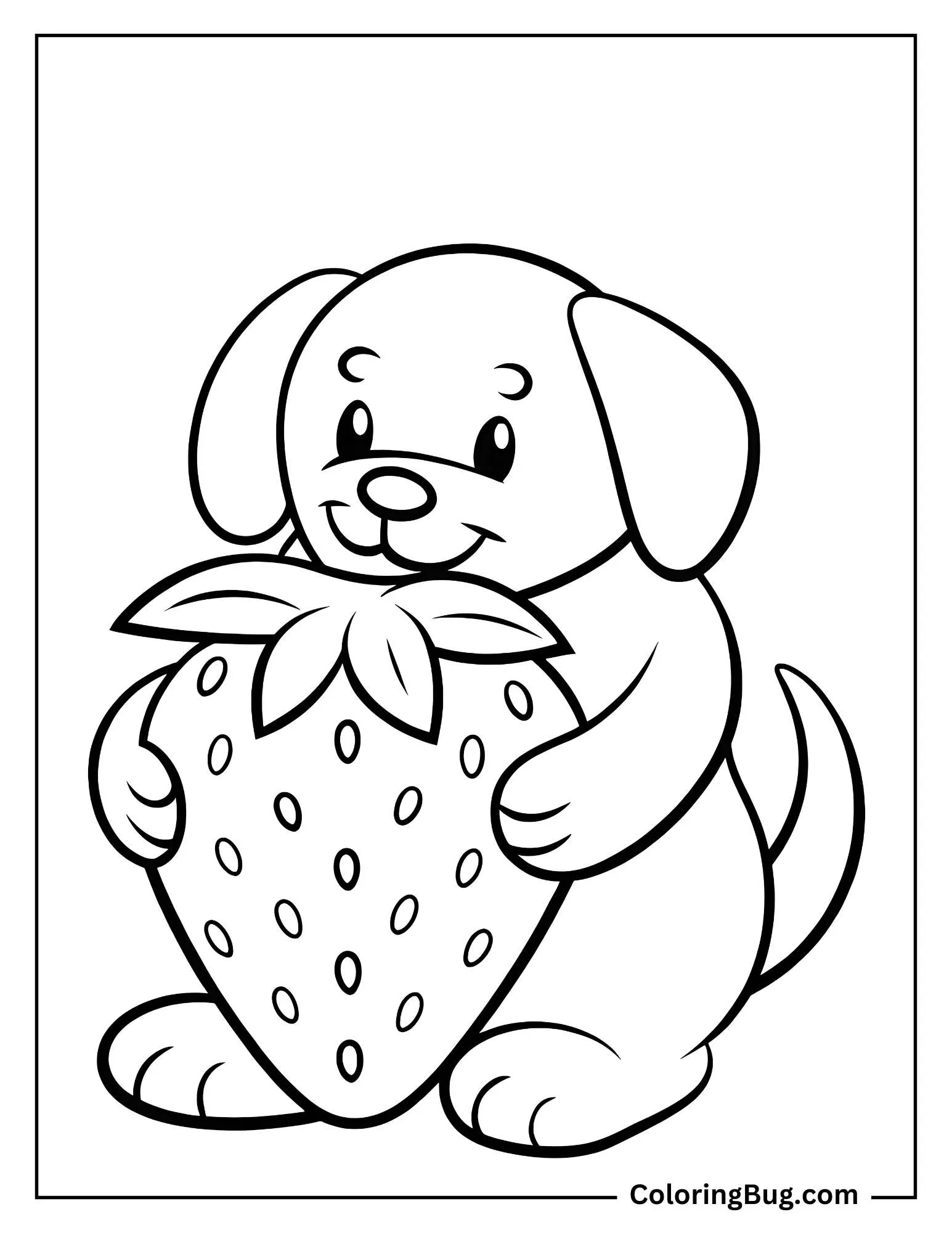 Cute Dog Holding A Large Strawberry coloring Sheet