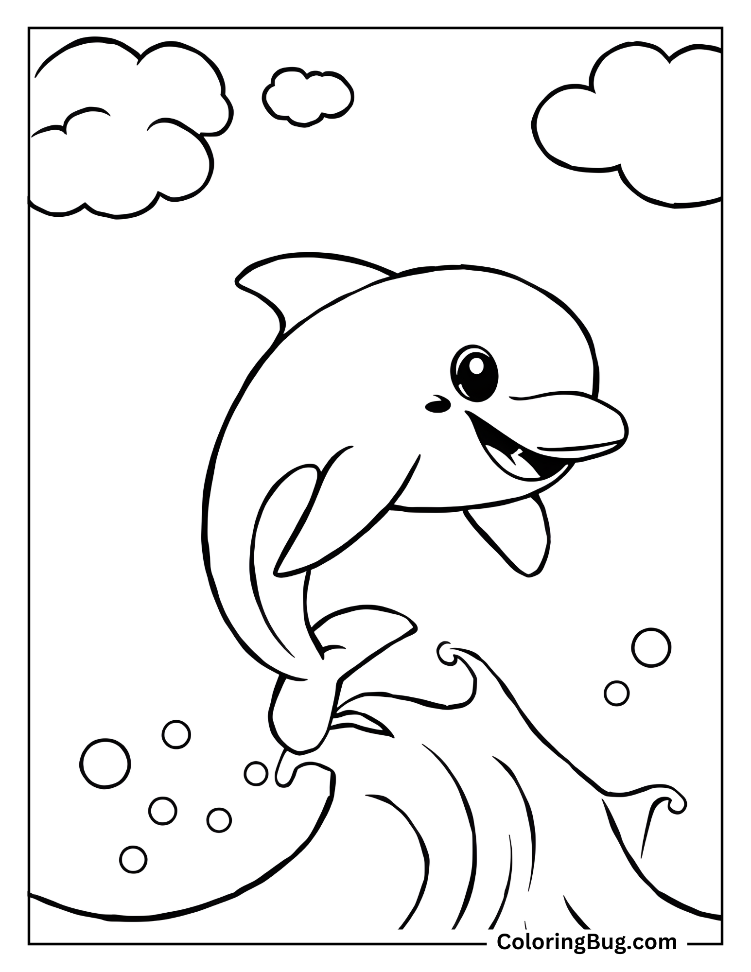 Cute Dolphin Jumping Over Wave With Smile Coloring Sheet