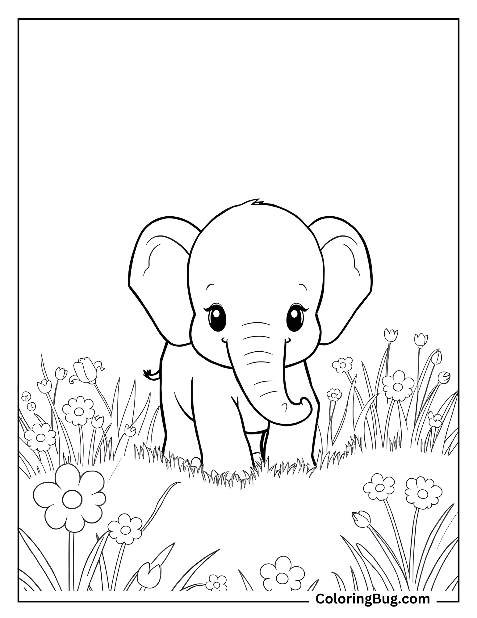 Cute Elephant in Meadow Coloring Sheet