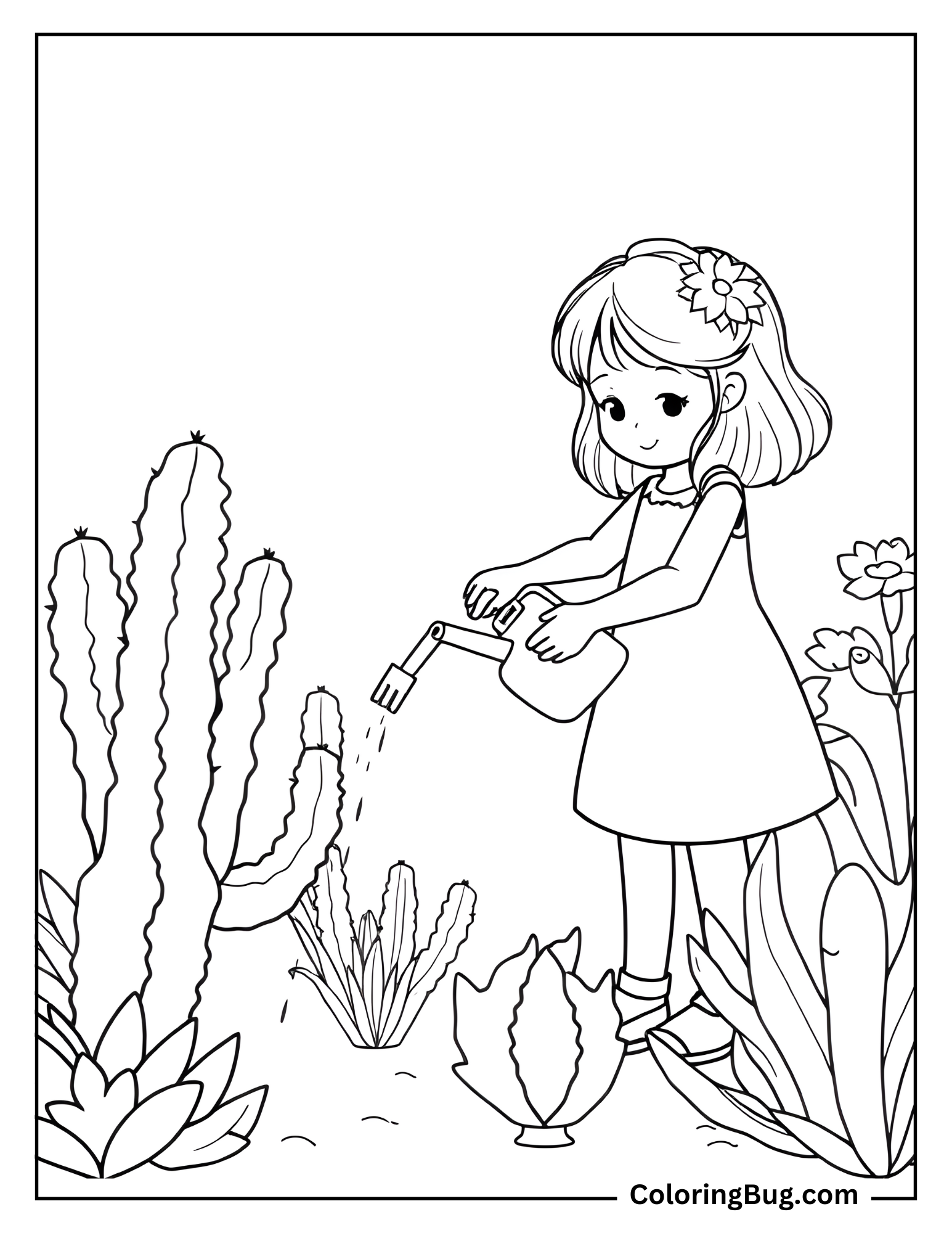 Cute Girl Watering Cactus Plants coloring Sheet