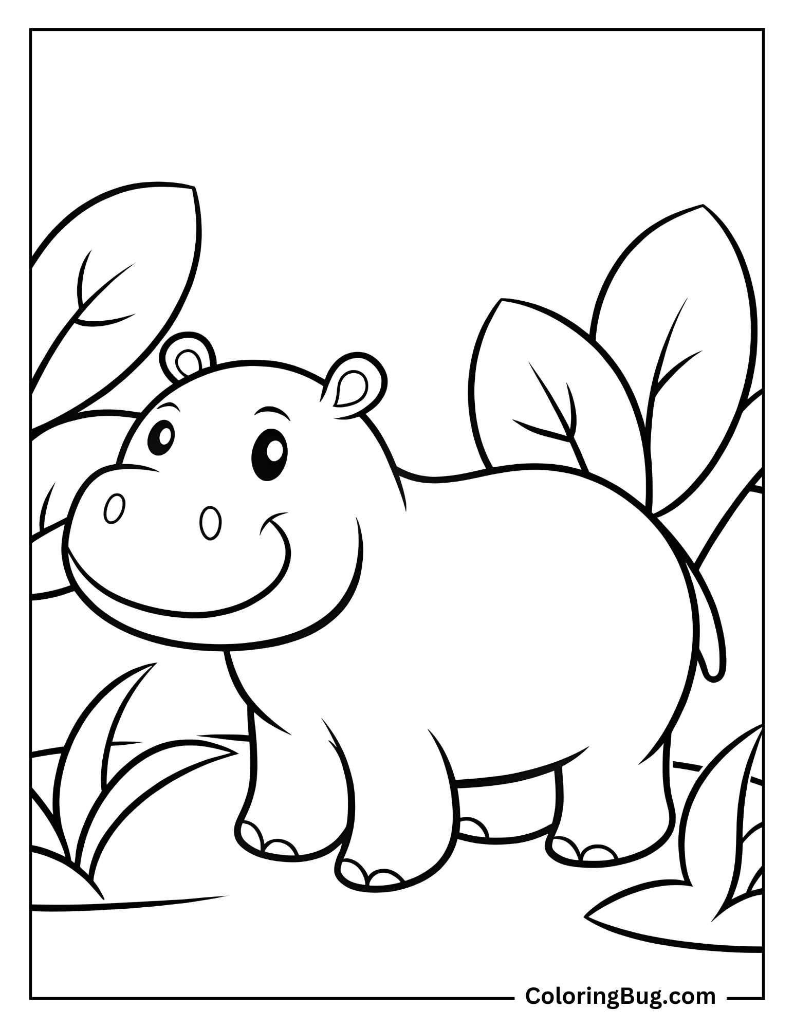 Cute Hippopotamus in Forest coloring Sheet