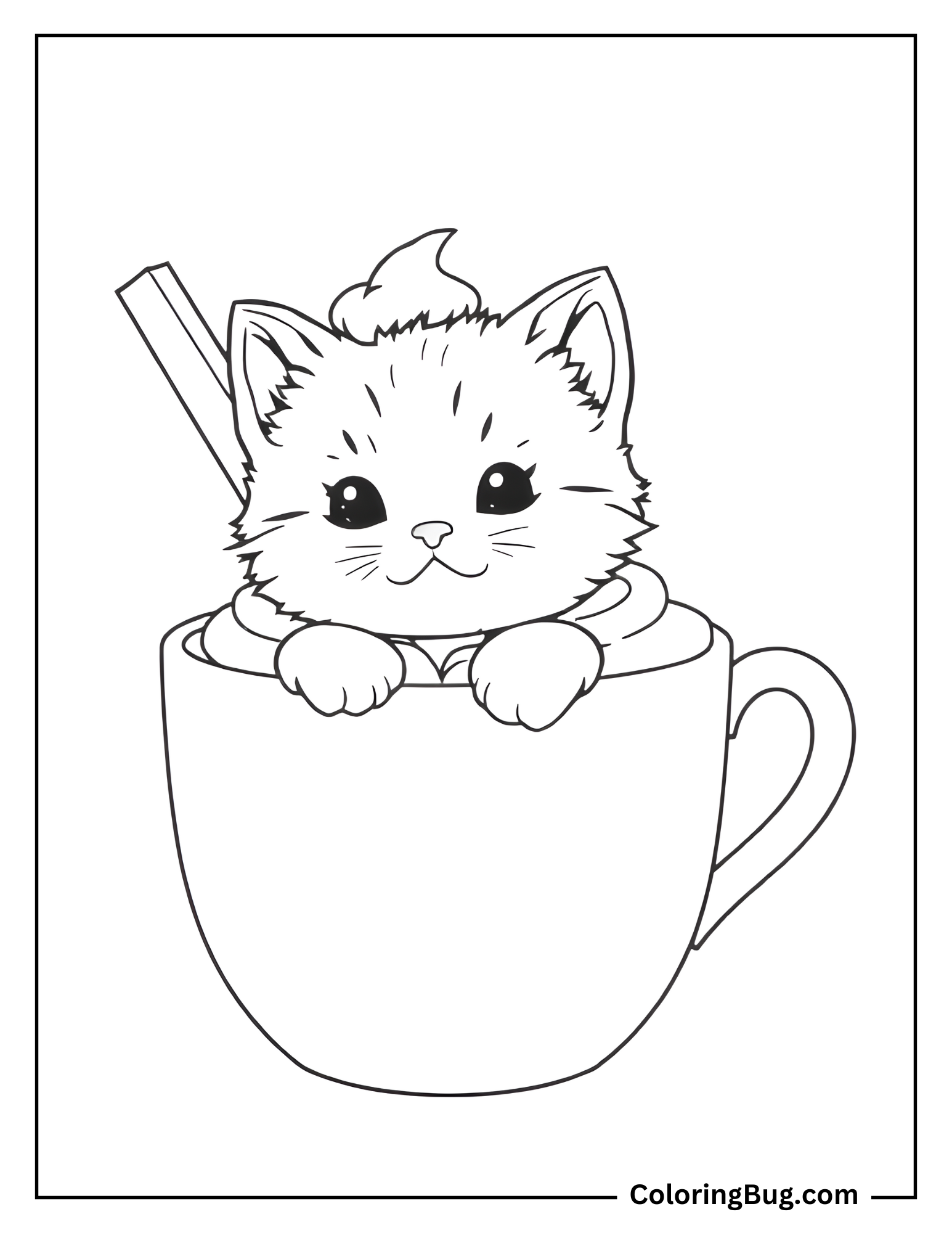 Cute Kitten Inside Cup With Whipped Cream And Cinnamon Sticks Coloring Sheet