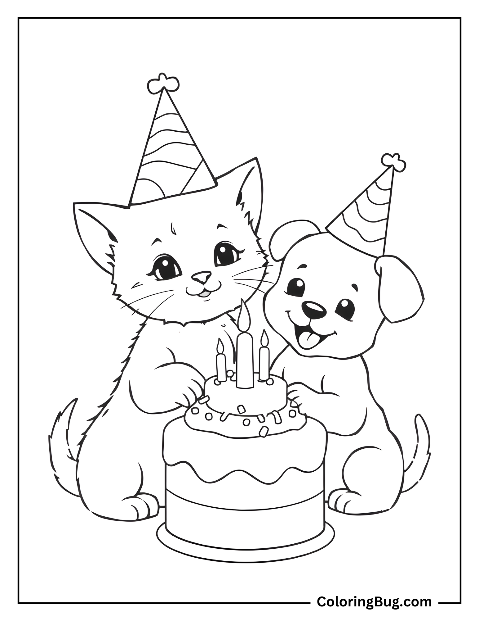 Cute Kitten and Puppy Celebrating Birthday Coloring Sheet
