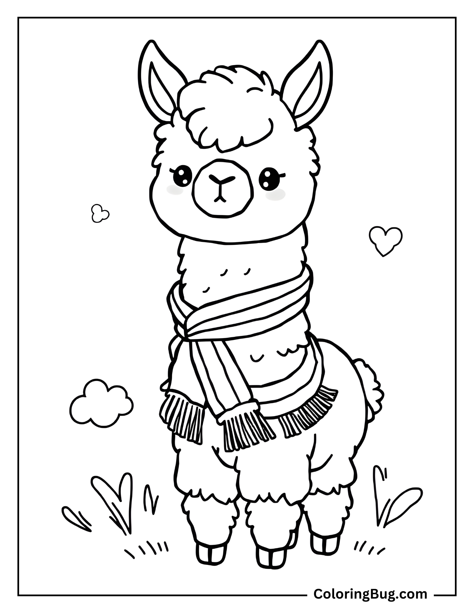 Cute Llama With Scarf Coloring Sheet