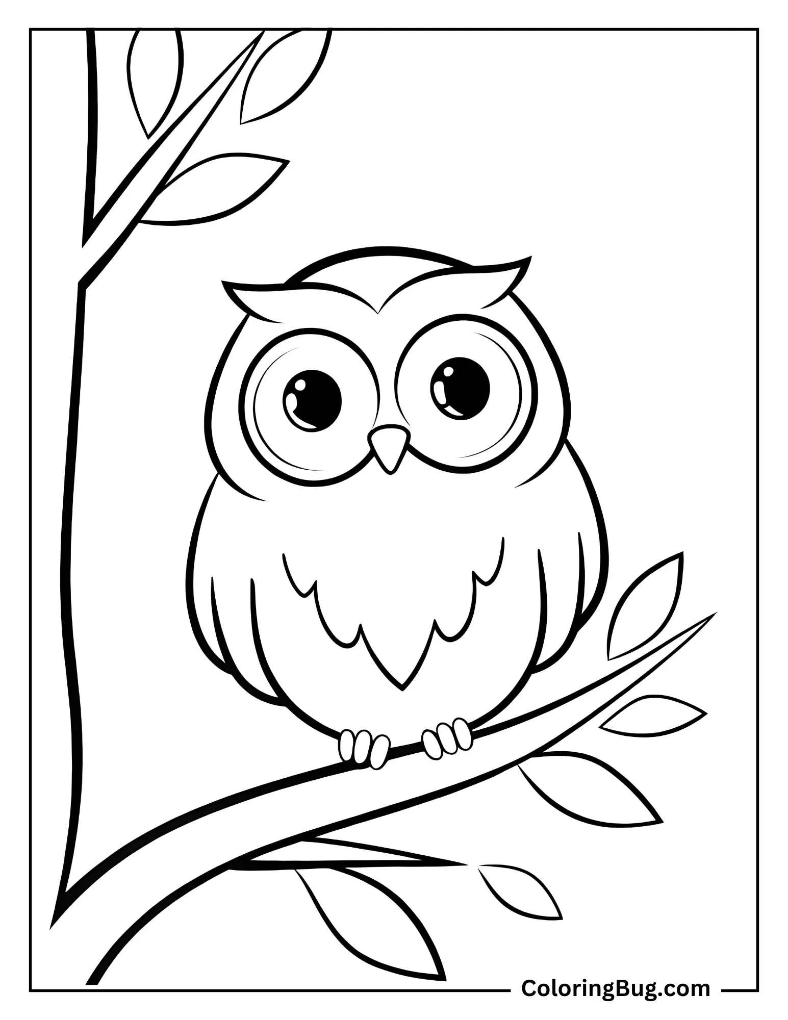 Cute Owl Perched On A Tree Branch coloring Sheet
