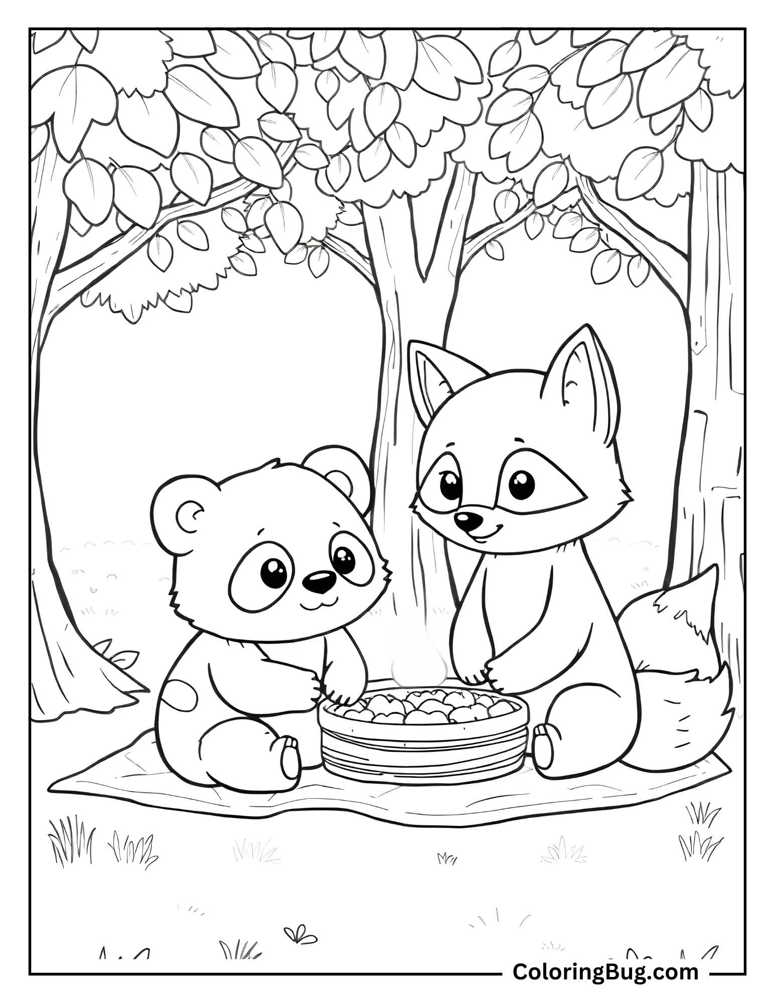 Cute Panda and Fox Having Picnic Coloring Sheet