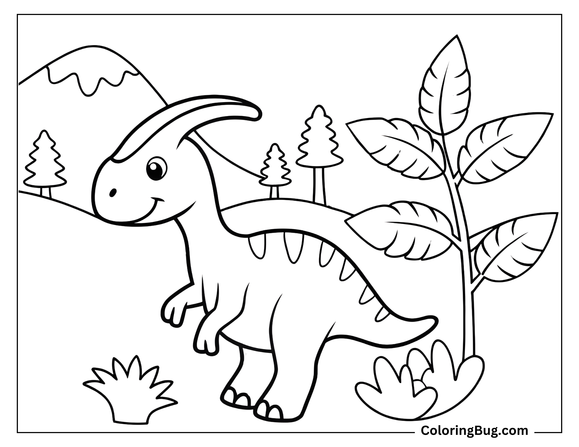 Coloring page featuring a cute Parasaurolophus with its signature crest gracefully curving over its head. The dinosaur has a friendly expression, making it approachable and fun for kids to color. The background includes a simple prehistoric landscape with mountains, pine trees, and large leafy plants, creating a lively yet uncluttered scene.