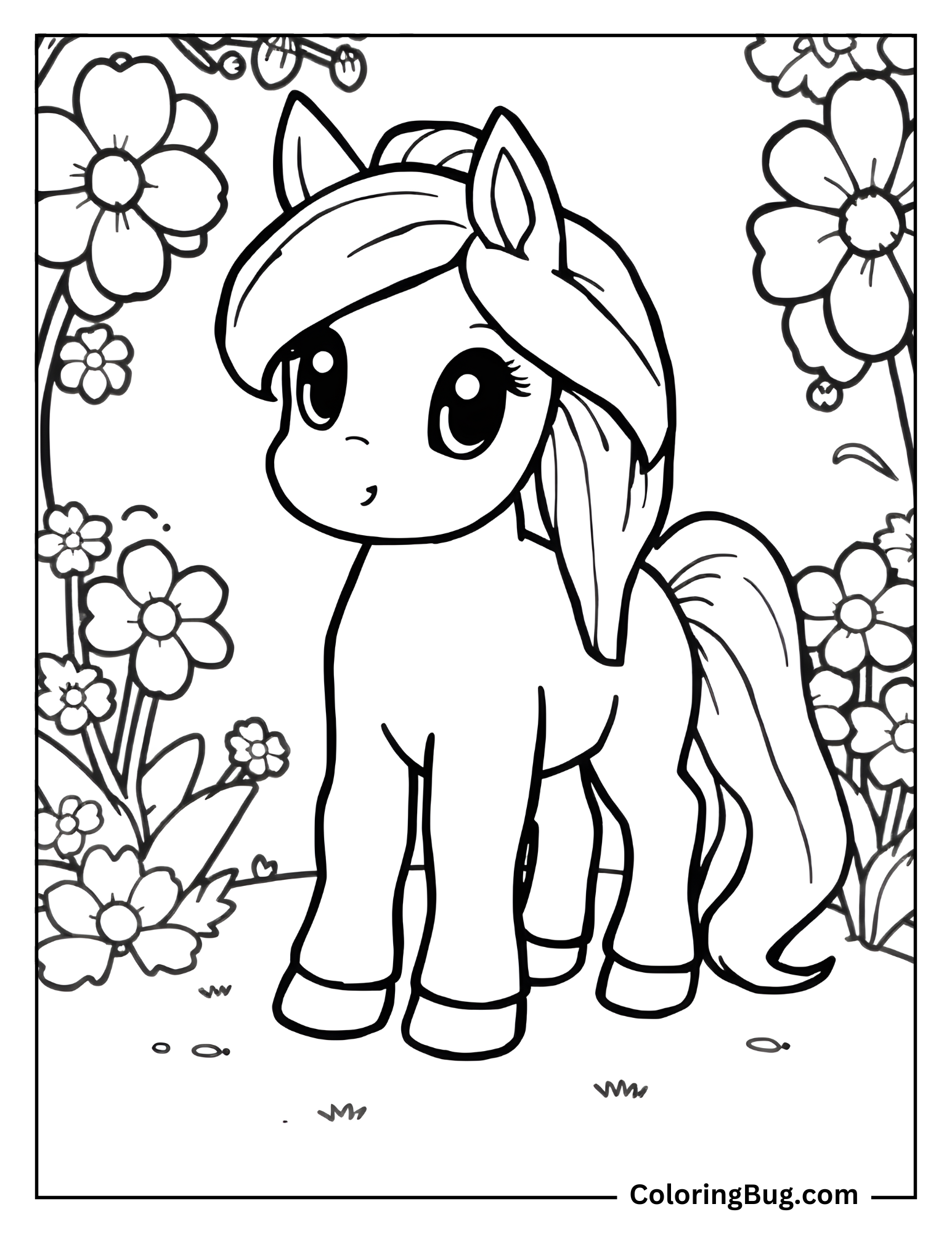 Cute Pony With Flowers Coloring Sheet