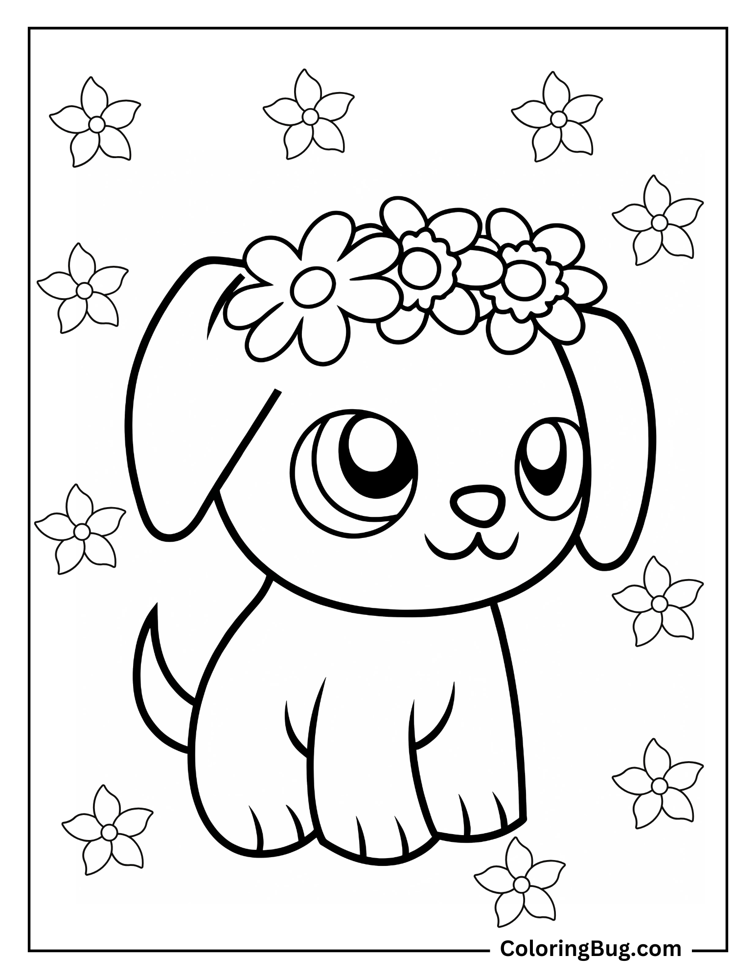 Cute Puppy Wearing Flower Crown Coloring Sheet