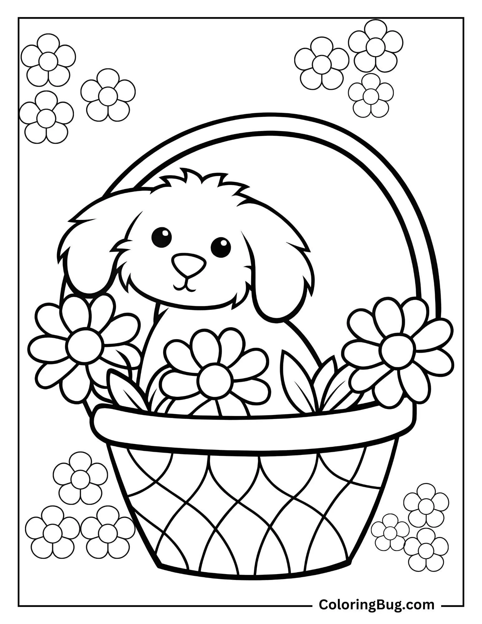 Cute Puppy in Flower Basket coloring Sheet