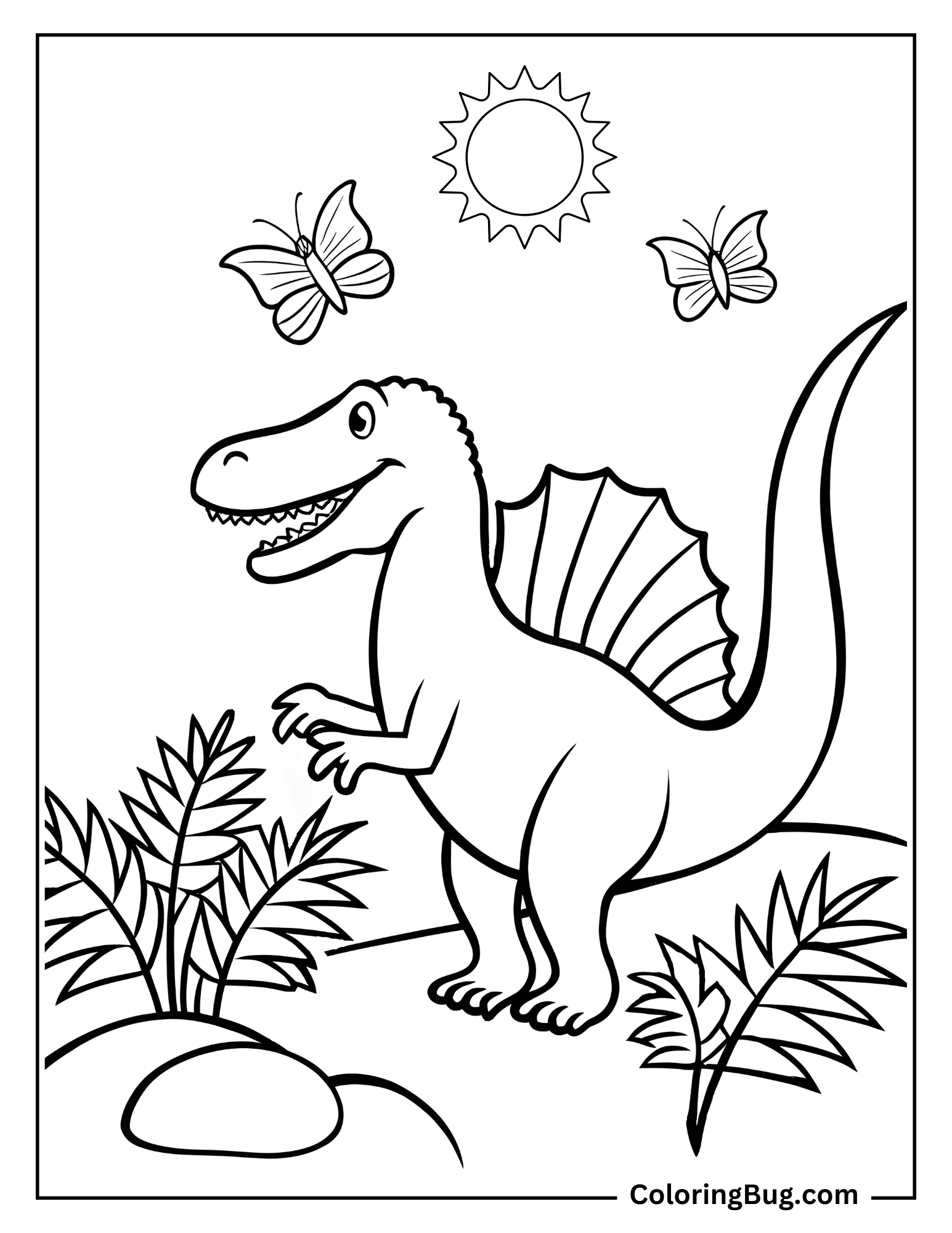 This coloring page features a cute and cheerful Spinosaurus in a sunny prehistoric scene. The Spinosaurus is standing upright with its distinctive sail prominently displayed on its back. It has a friendly expression with a wide, toothy grin and small, playful arms extended in front. The background includes a bright sun and two butterflies fluttering above, adding a whimsical touch. There are lush plants and ferns surrounding the Spinosaurus, along with a rock at its feet, completing the prehistoric environment. The simple, bold outlines make this page perfect for children to color.