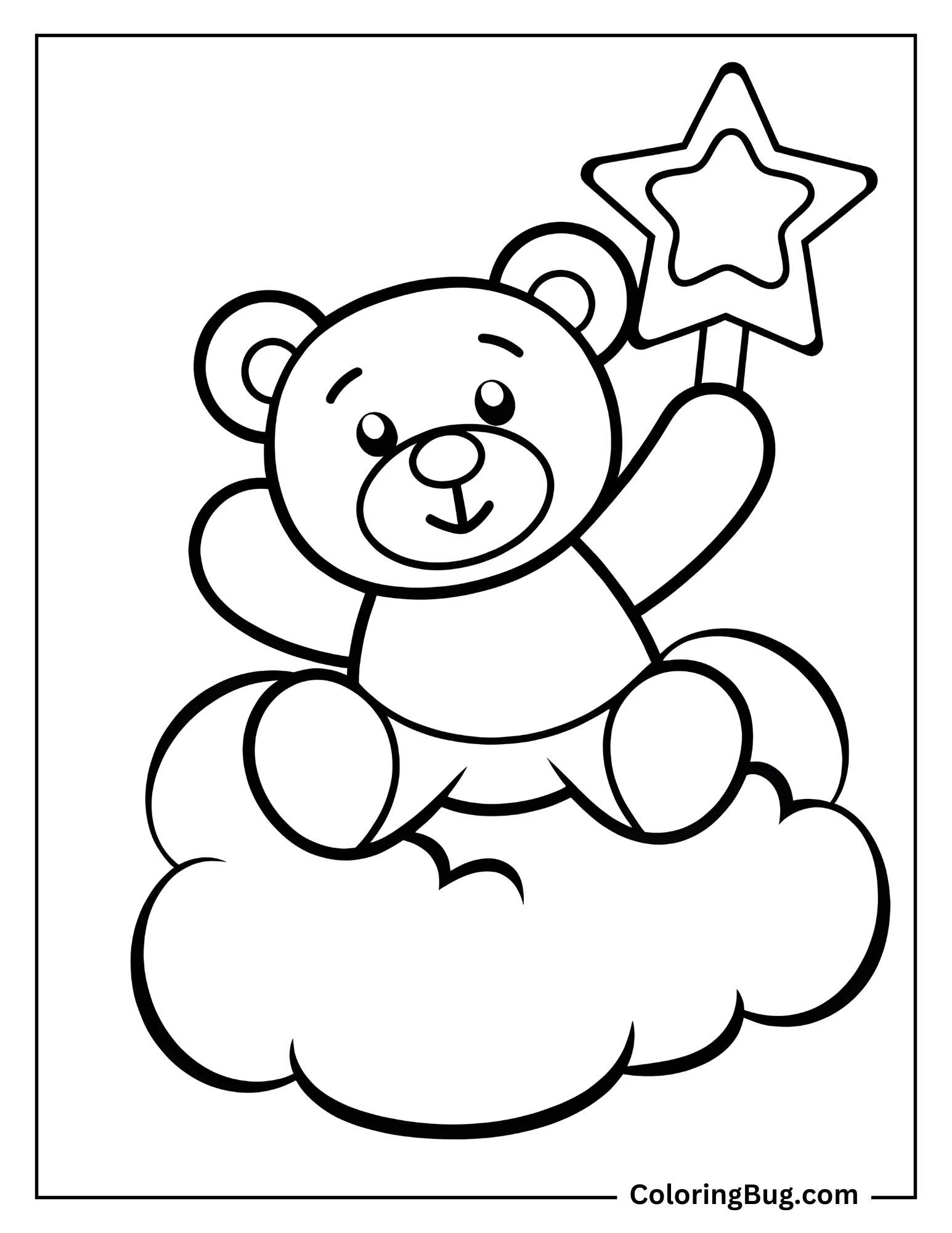 Cute Teddy Bear Holding A Star In The Clouds coloring Sheet