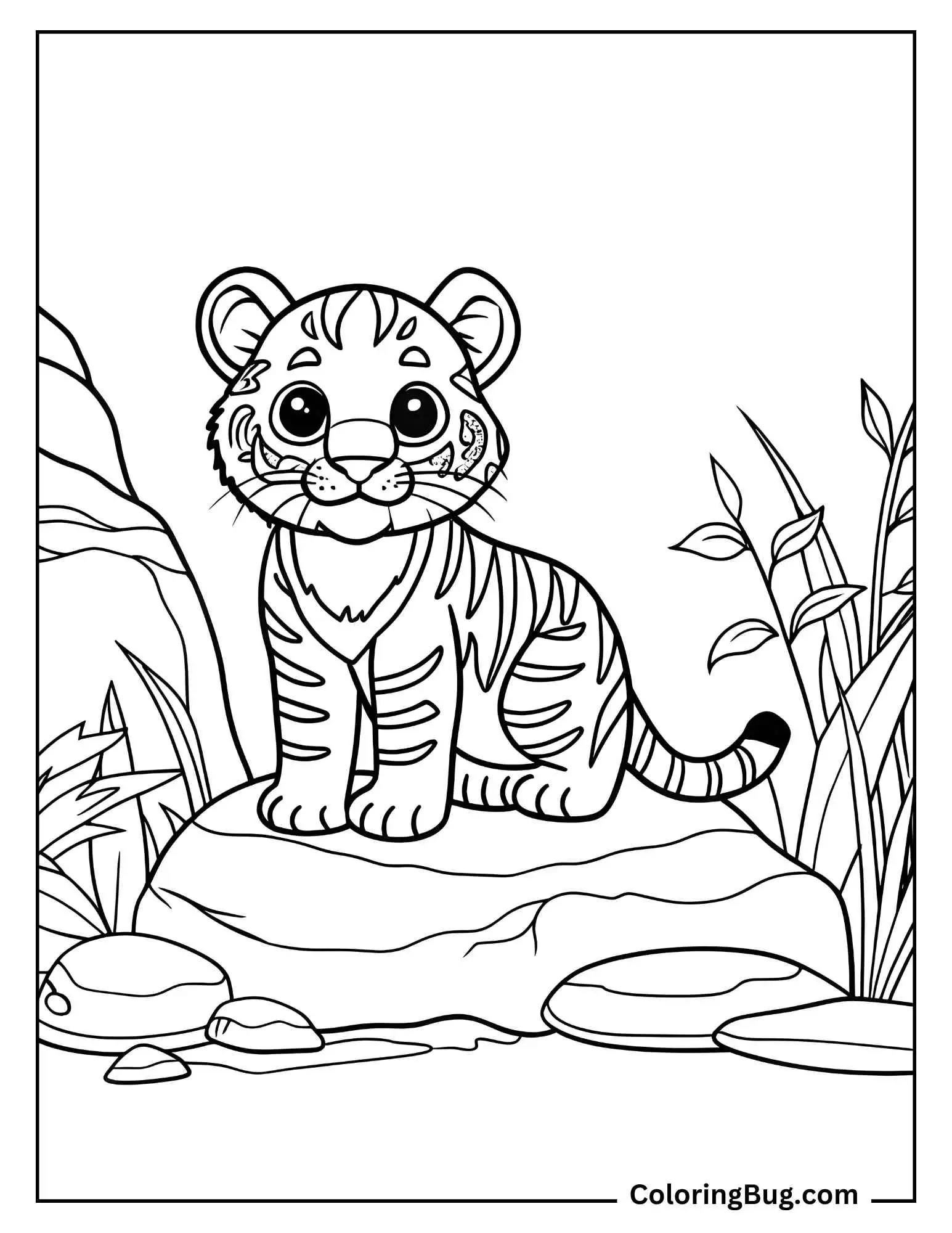 Cute Tiger Sitting on Rock Coloring Sheet