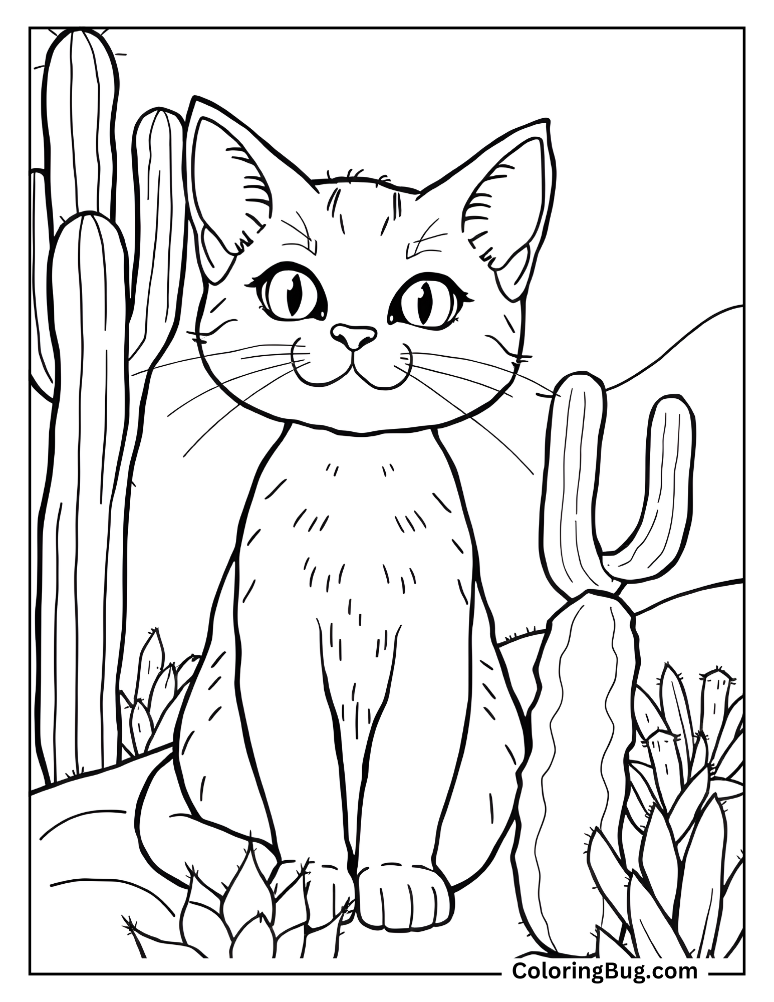 Desert Cat With Cactus coloring Sheet