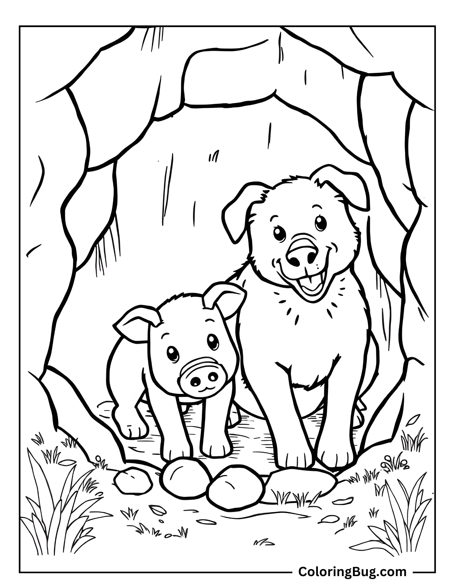 Dog And Pig Rooting Together In Hole Coloring Sheet