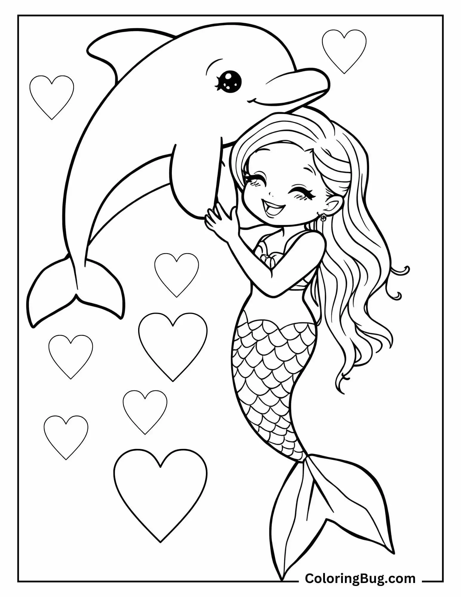 Dolphin Hugging Mermaid Coloring Sheet