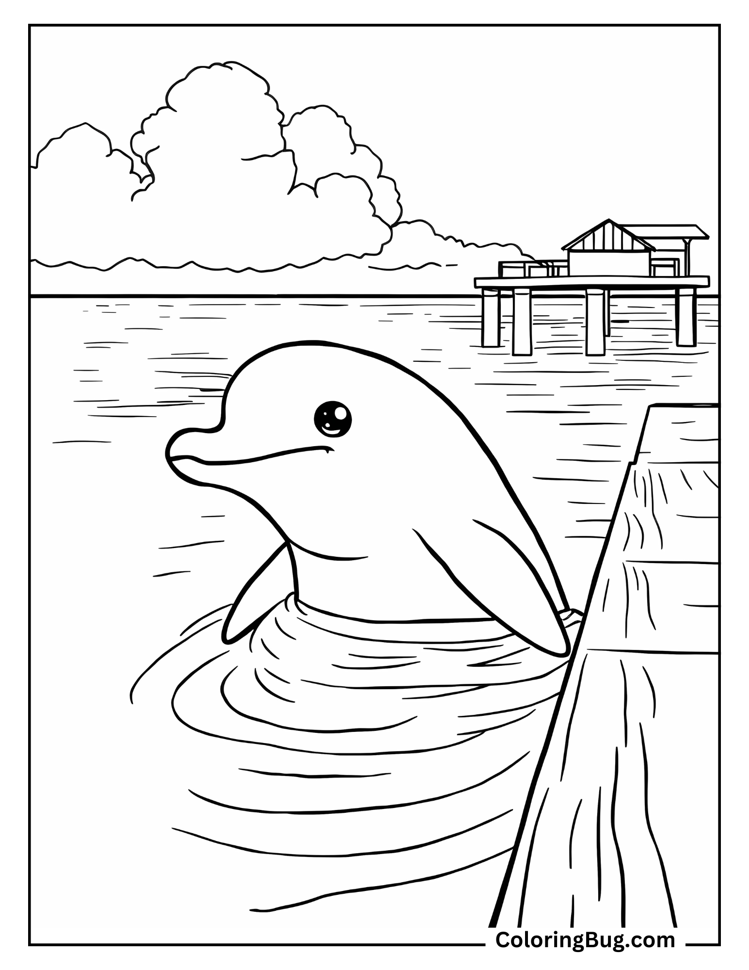 Dolphin Peeking Out of the Water Near Dock coloring sheet