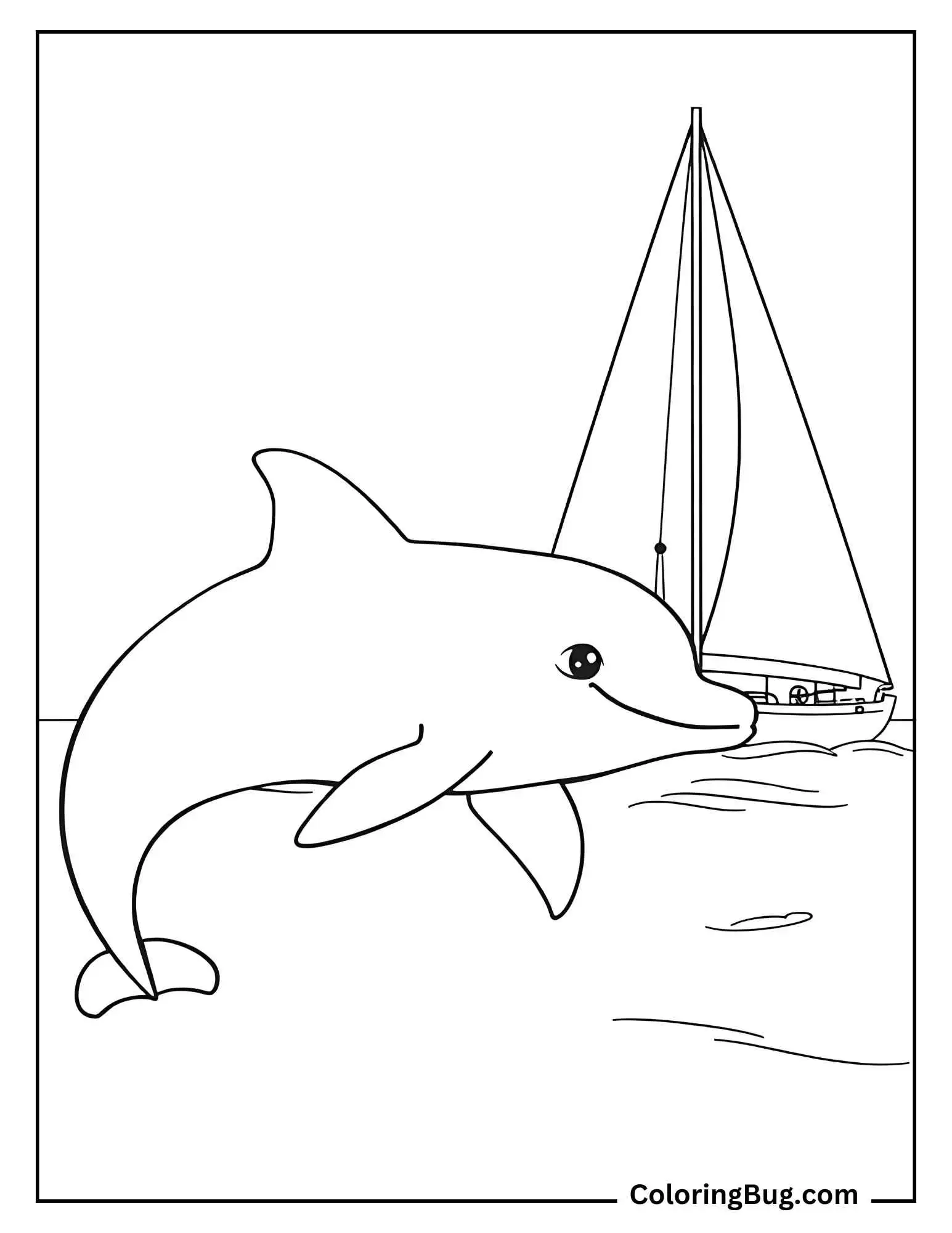 Dolphin Swimming Alongside a Sailboat Coloring Sheet