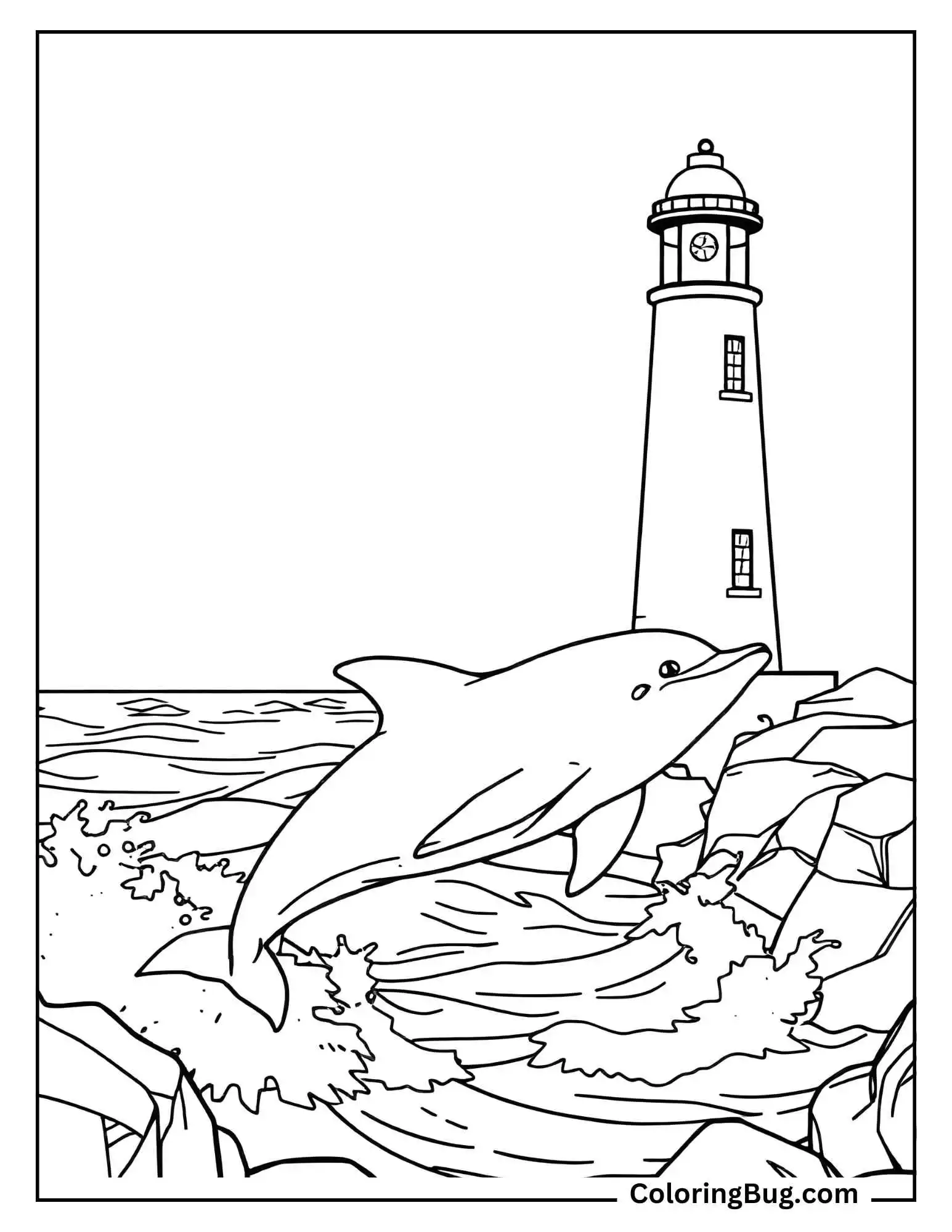 Dolphin Swimming Near Lighthouse by the Coast Coloring Sheet