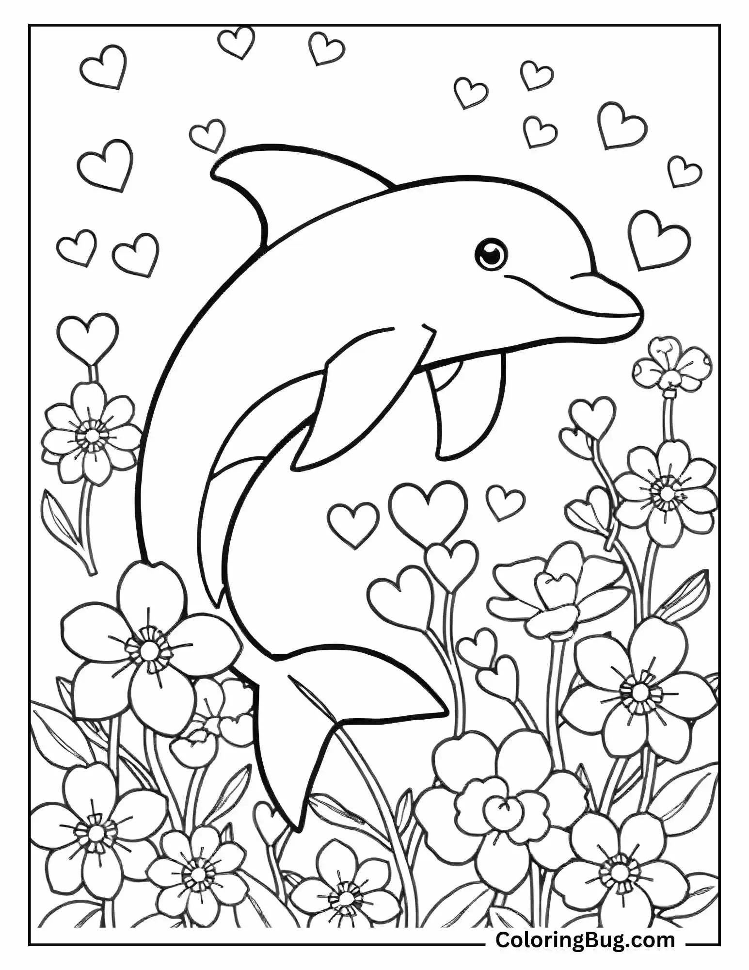 Dolphin With Hearts and Flowers Coloring Sheet
