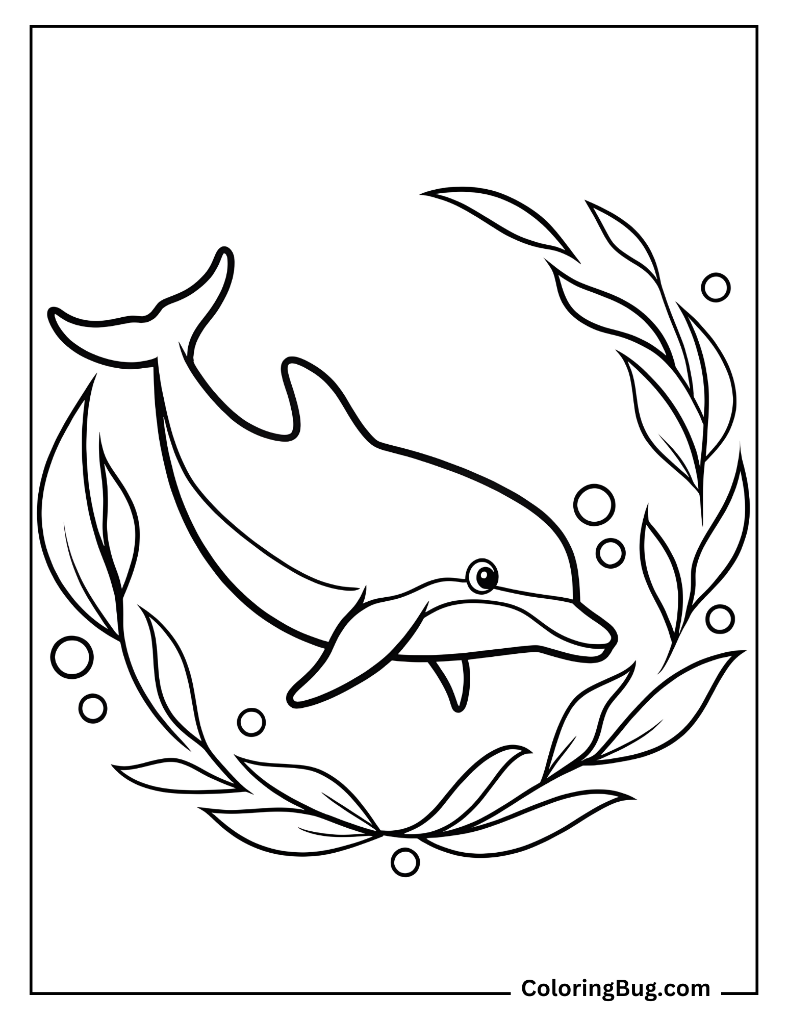 Dolphin With Seaweed Circle Coloring Sheet